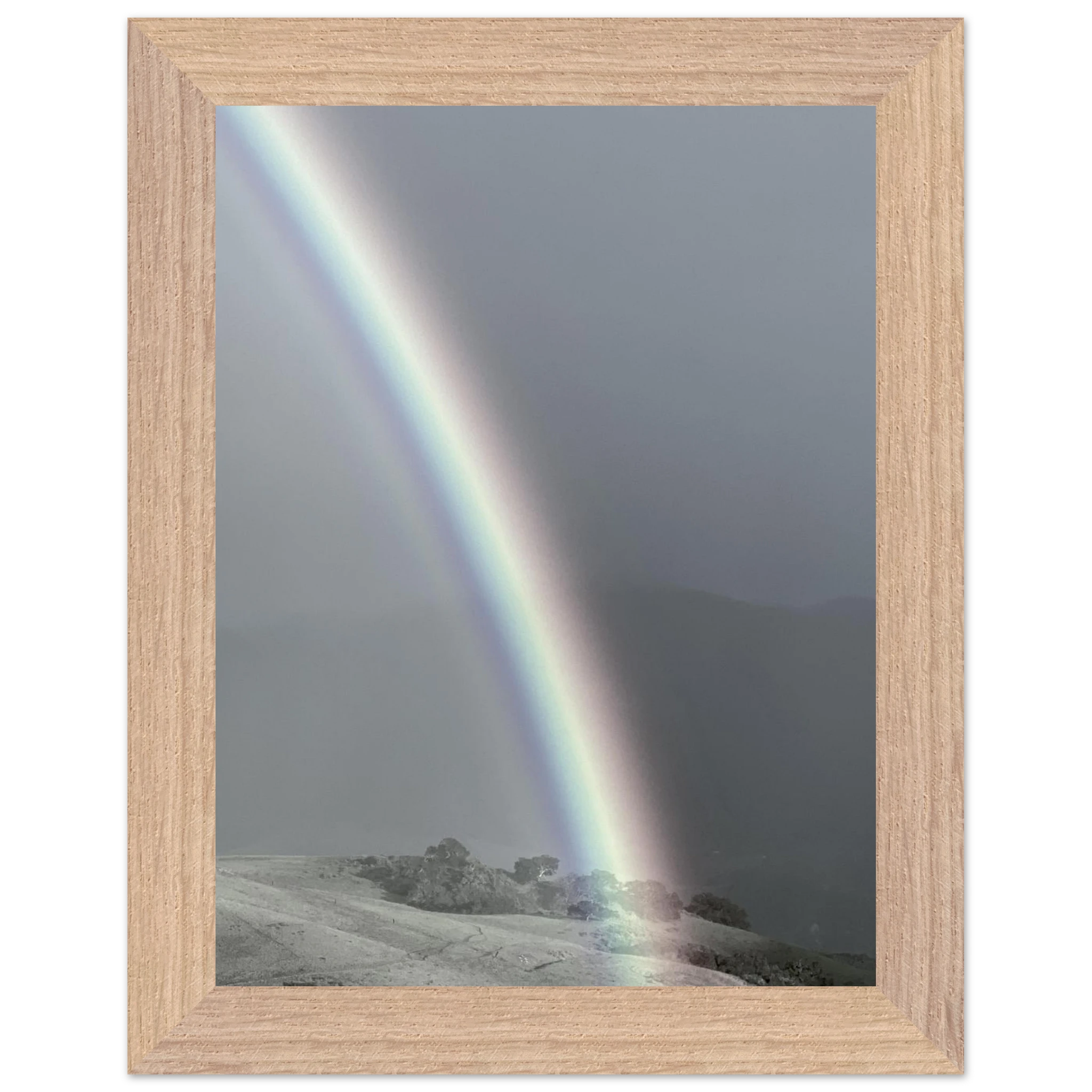 Black and white mounted framed poster of a post-summer storm rainbow, part of the California Central Coast travel collection.