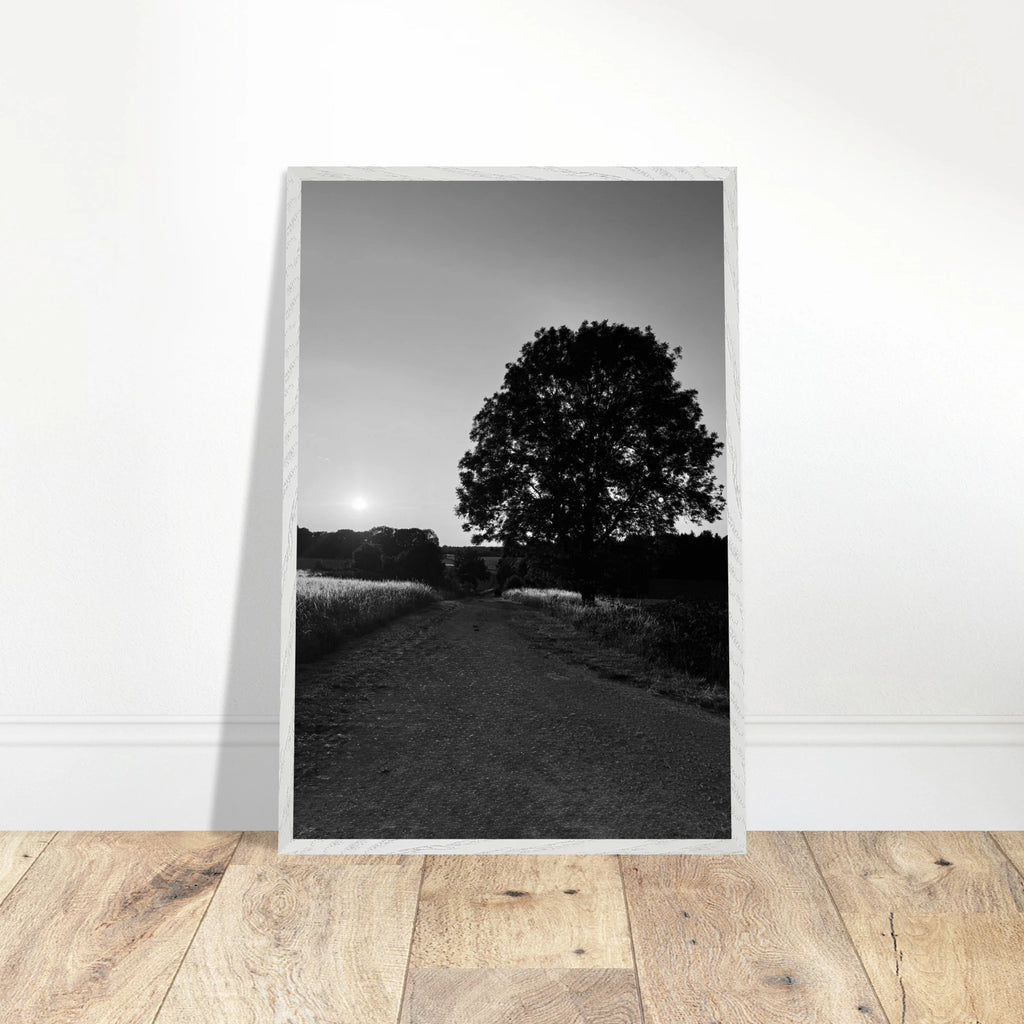 Mounted wooden framed print of a black and white summer scene in the English Cotswolds from the Travel Collection.