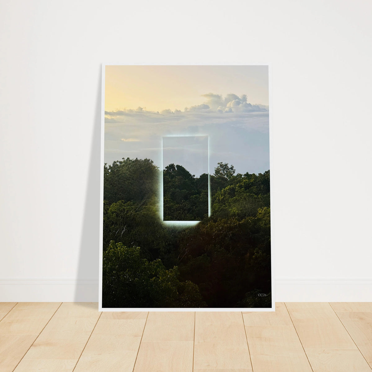 Color print of "A Window into Jungle Stillness" by CaliCuration, showcasing lush jungle scene in vibrant colors.