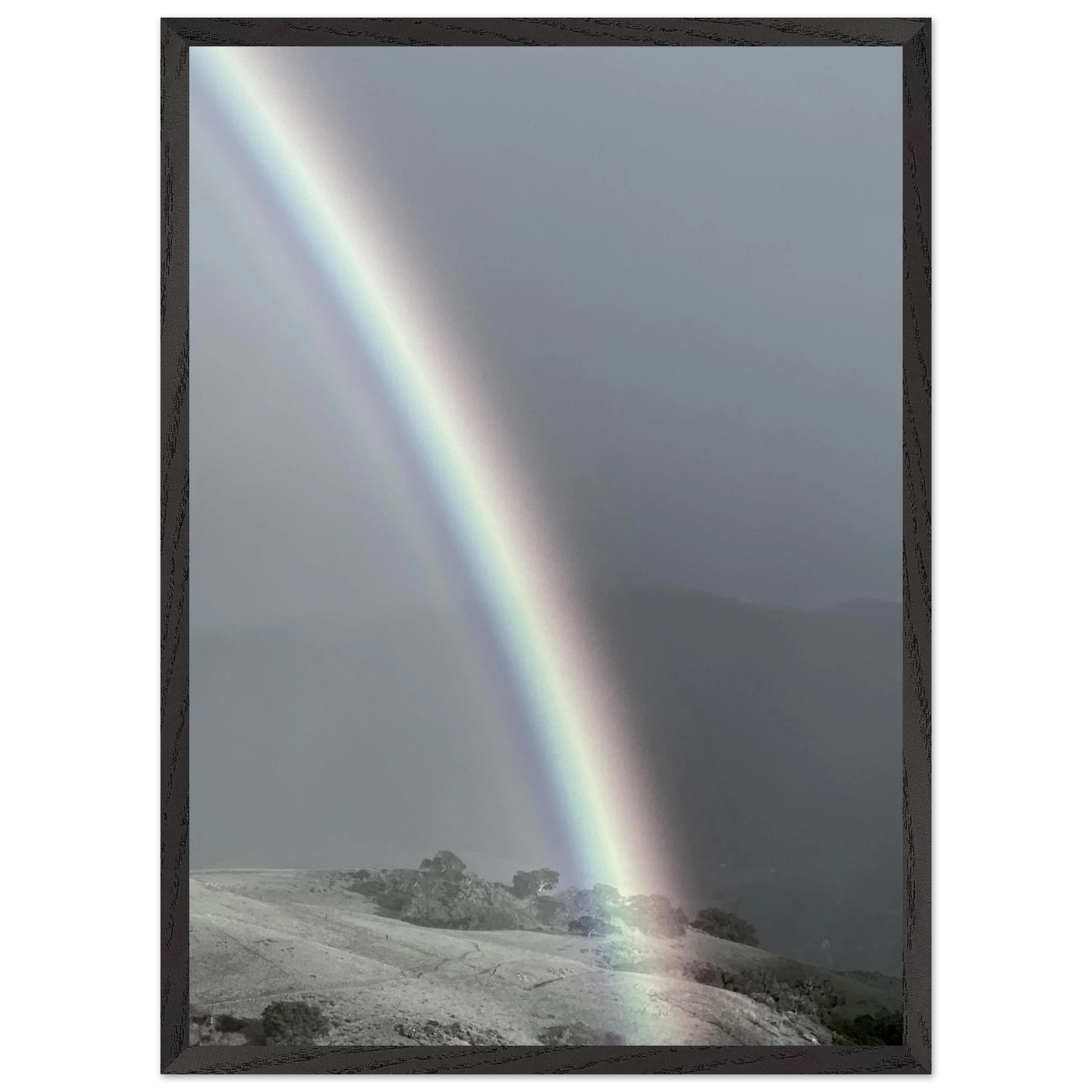 Black and white mounted framed poster of post-summer storm rainbow from the California Central Coast travel collection, studio edition spring 2026.