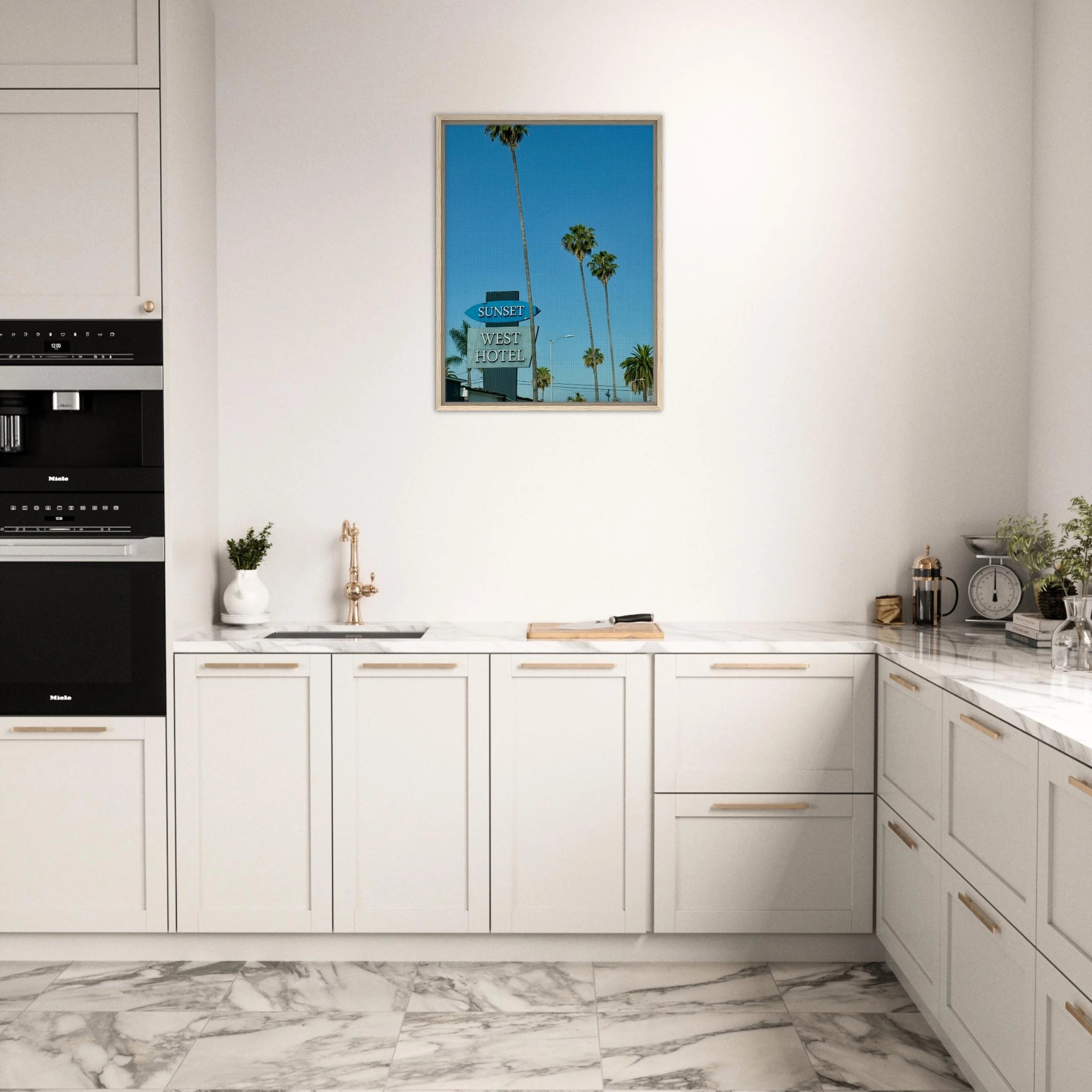 Premium wooden framed canvas print of Sunset Boulevard West Hotel, celebrity-style California art, studio edition décor.