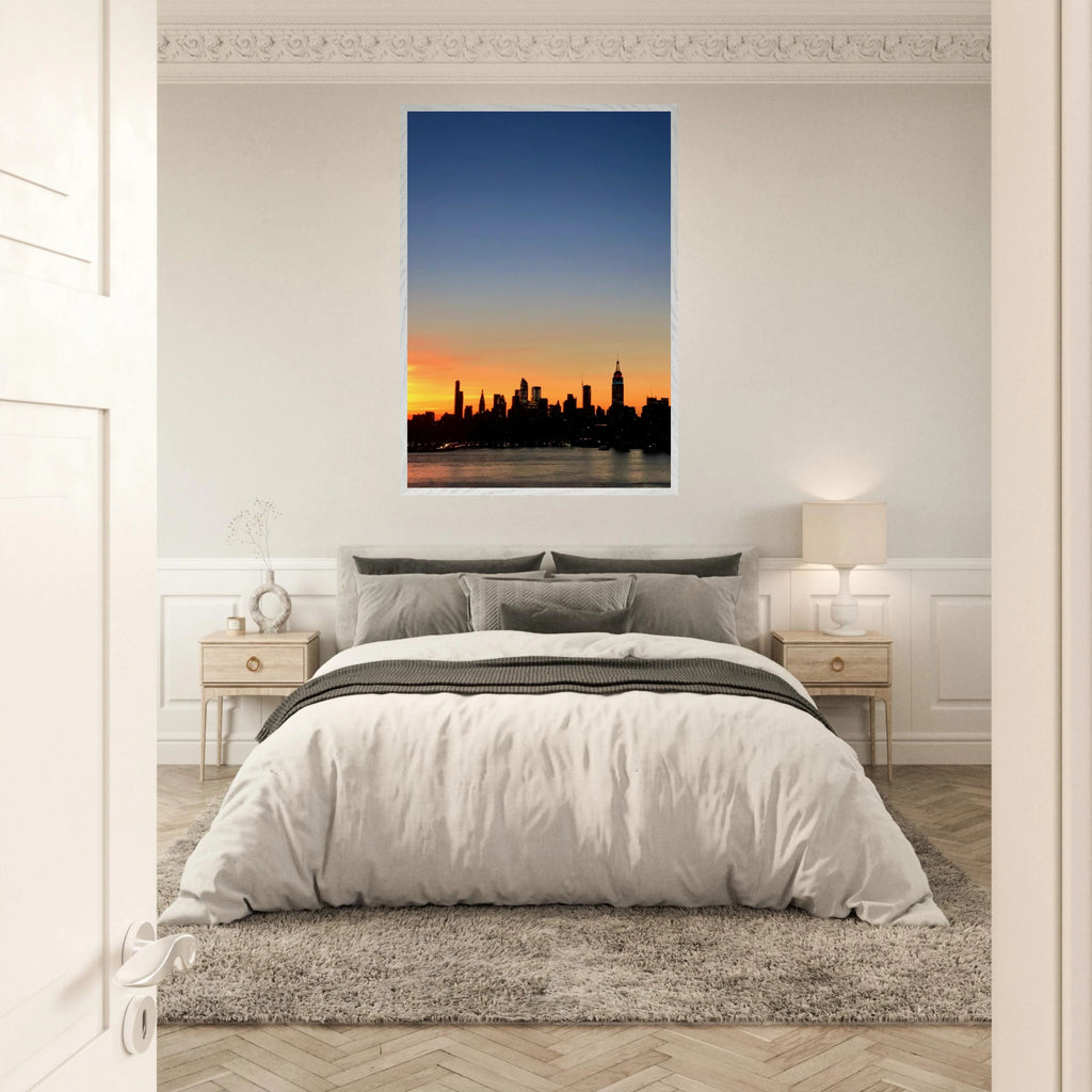 NYC Manhattan skyline sunset framed poster wall art, vibrant cityscape print on high-quality material, ideal for modern home decor.