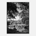 Black and white framed print of a summer lake scene from Upstate NY, part of the Studio Edition Travel Collection.