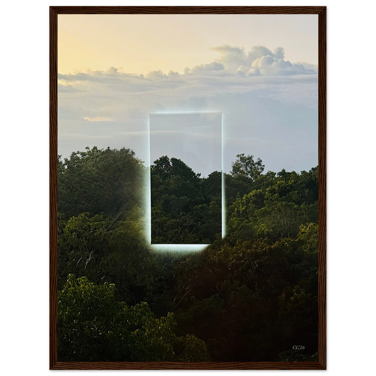 Color print titled "A Window into Jungle Stillness" by CaliCuration, showcasing a serene jungle scene in vibrant colors.