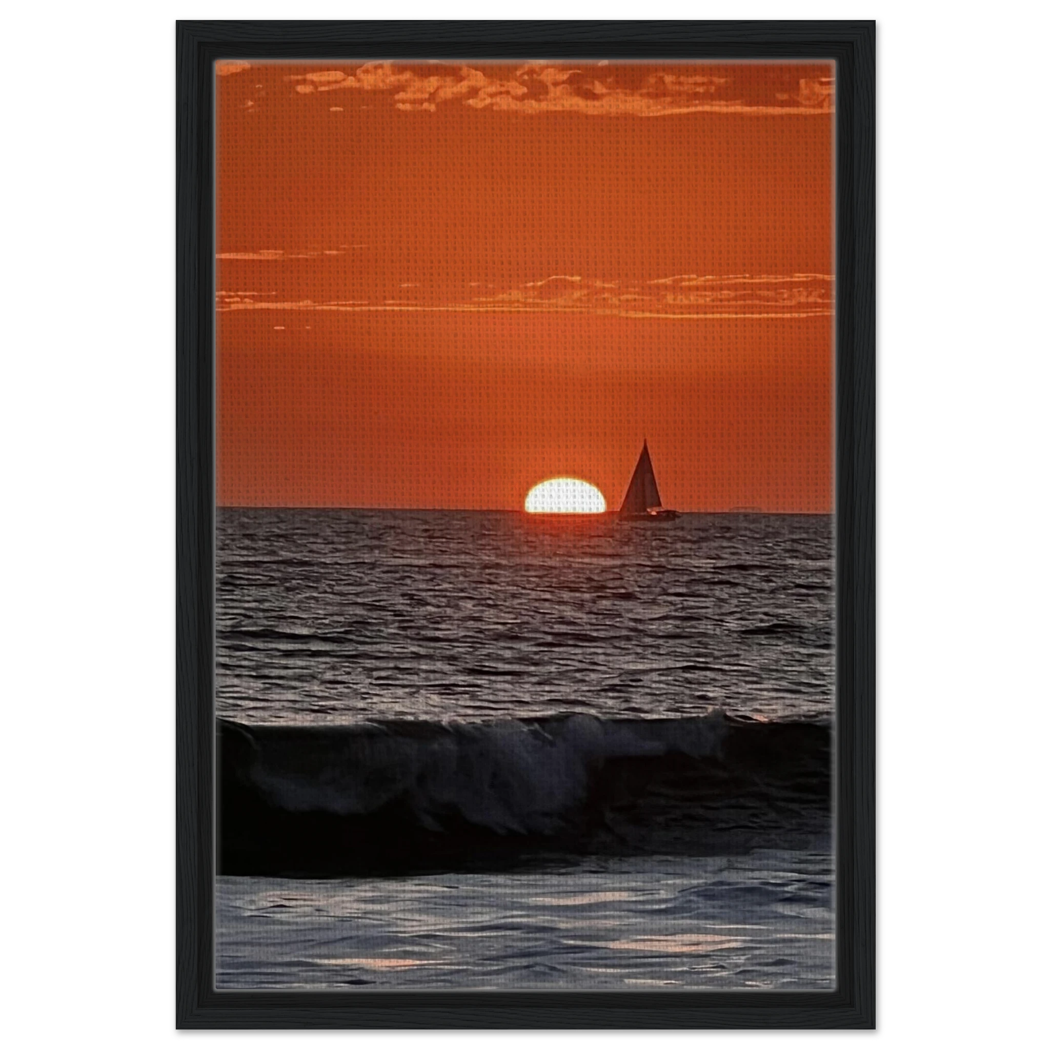 Wooden framed canvas print of California Red Sunset Series 4/4 by CaliCuration, showcasing vibrant red hues in a captivating sunset scene.