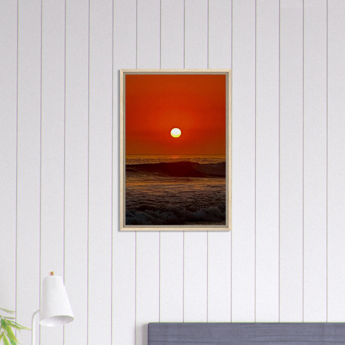 Southern California Red Sunset framed canvas print by CaliCuration featuring a vibrant sunset over the coastline.