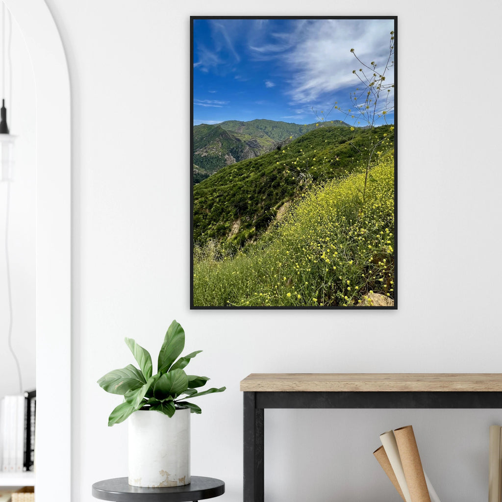 Wooden framed print of Malibu Canyon wildflowers on museum-quality matte paper, California poster art by Studio Edition.