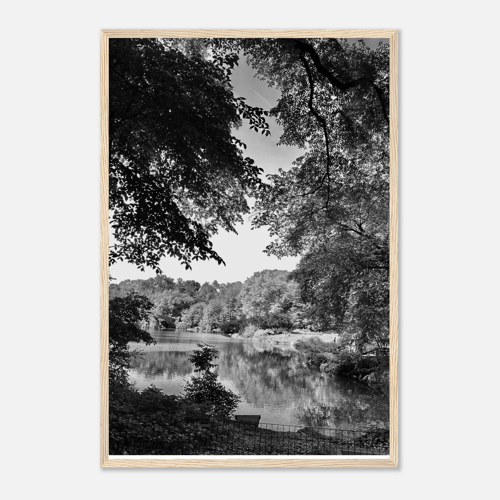 Black and white framed print of a summer lake scene from Upstate NY, part of the Studio Edition Travel Collection by My Store.