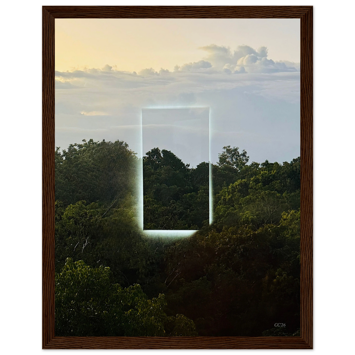 Color print of "A Window into Jungle Stillness" by CaliCuration, showcasing lush jungle scenery with vibrant colors and detailed foliage.