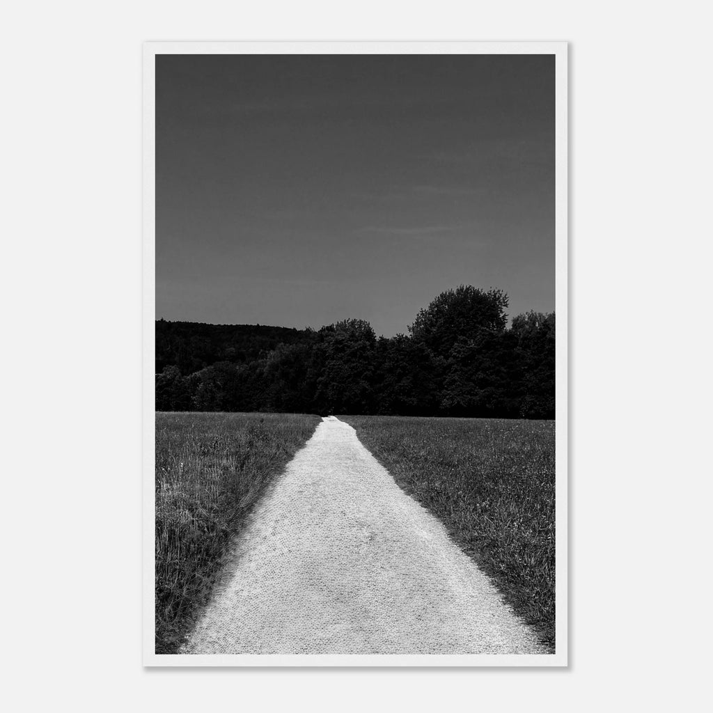Black and white framed poster of a summer road scene from the Travel Collection, printed on semi-glossy paper, studio edition.