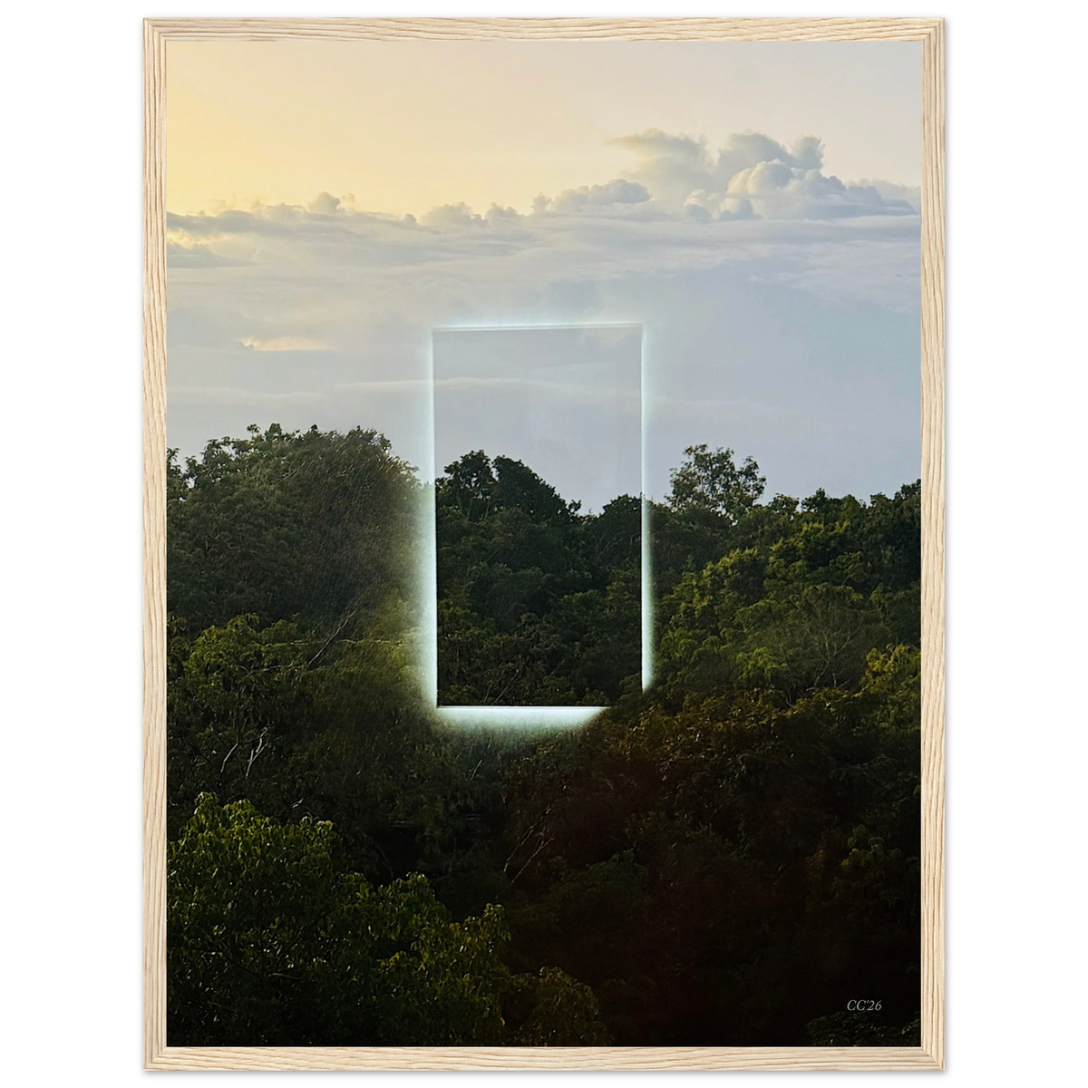 Color print of "A Window into Jungle Stillness" by CaliCuration, showcasing lush jungle scenery through a window.
