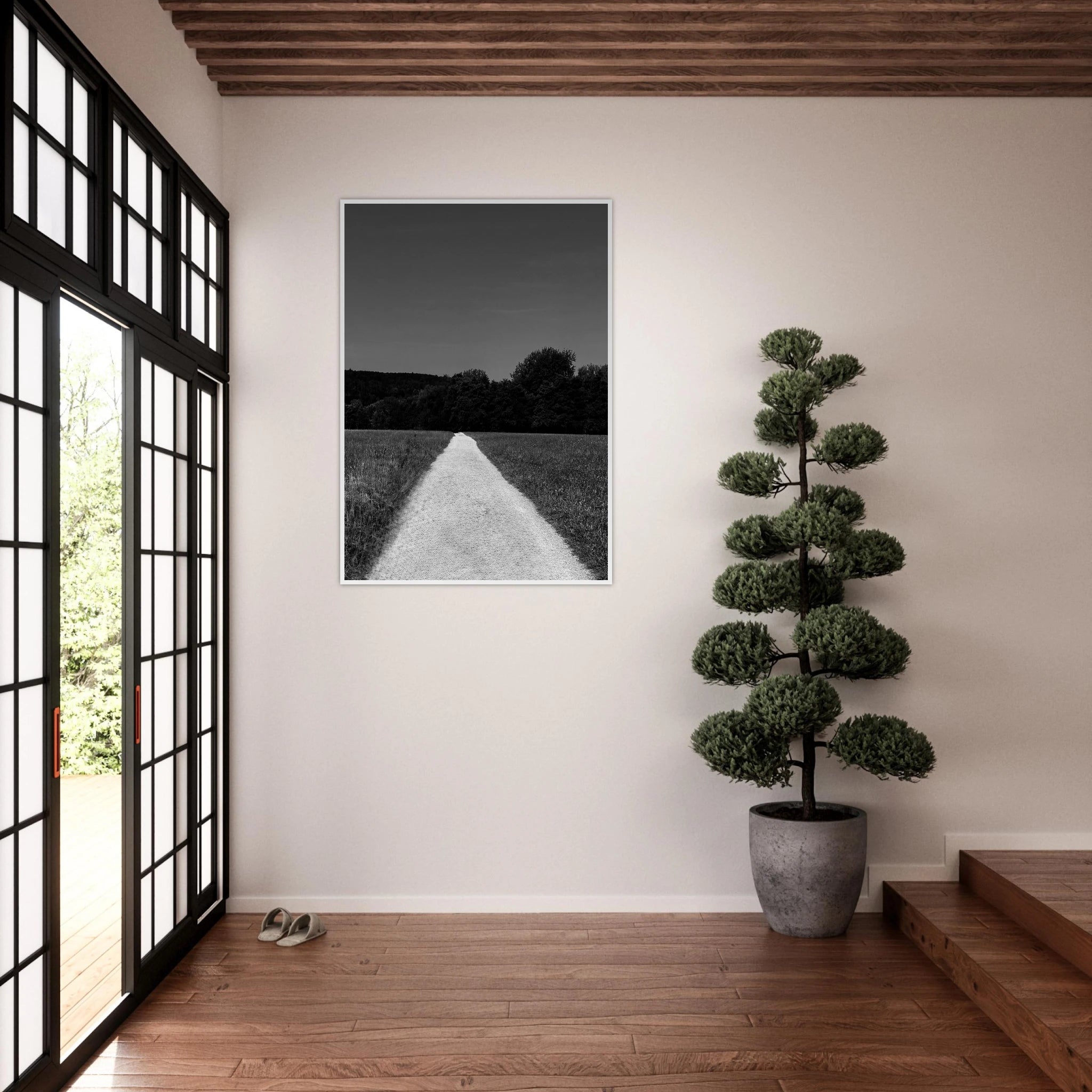 Black and white framed poster of a summer road scene on semi-glossy paper, part of the Travel Collection by My Store.