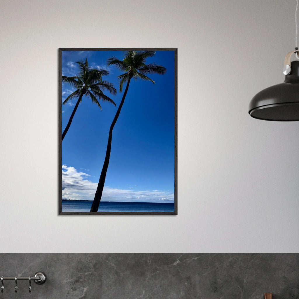 Framed print of Hawaii's iconic palm tree twins and Pacific waves, part of CaliCuration's travel collection studio edition.