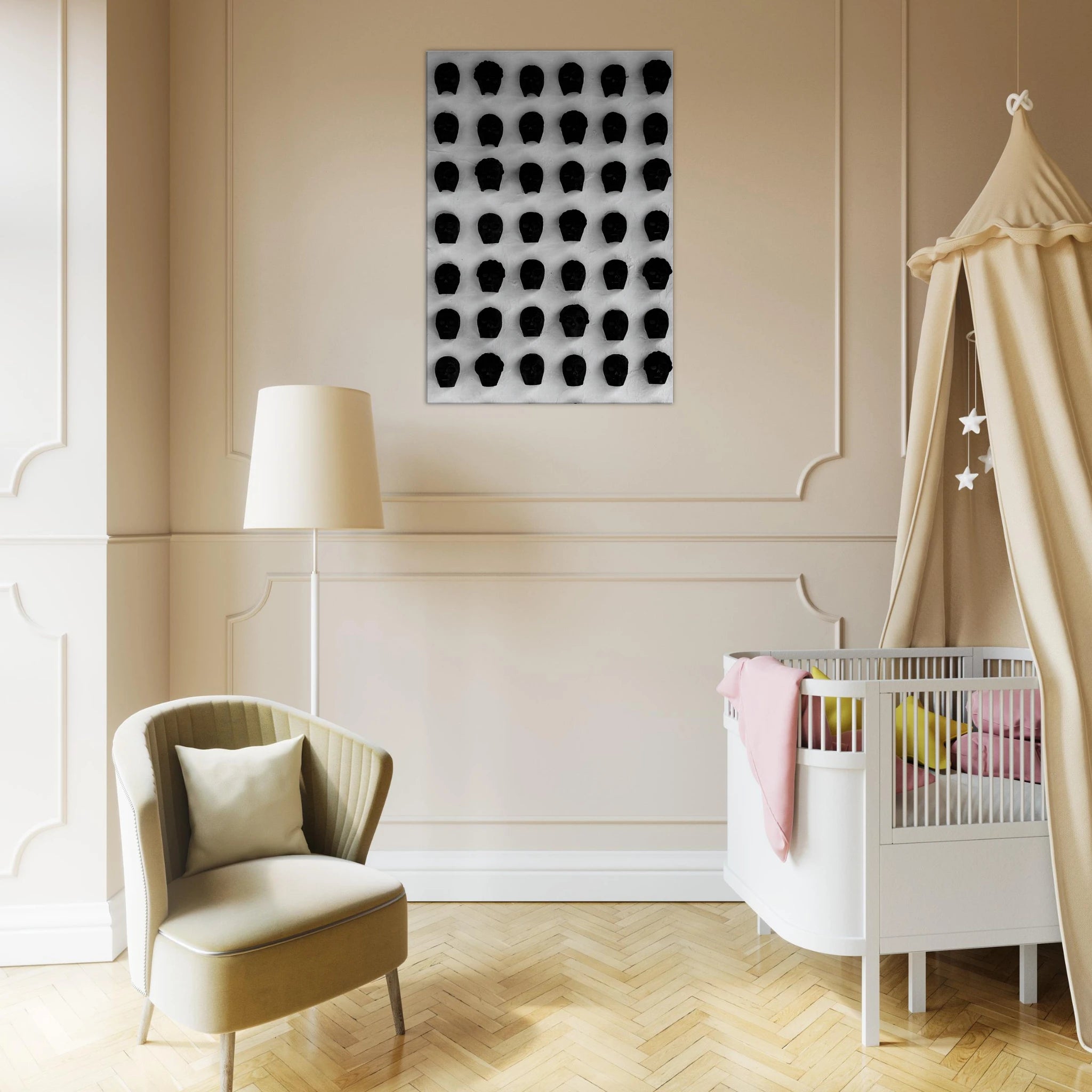 Black and white monochrome skull grid canvas wall art featuring minimalist abstract design, ideal for modern interior decor.