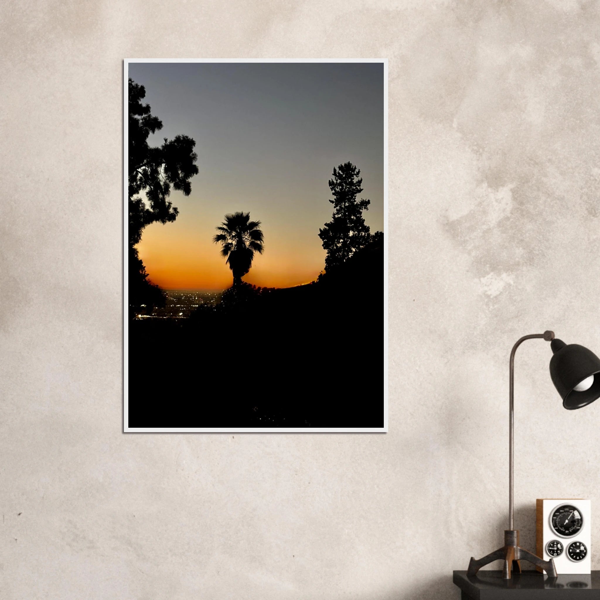 Winter Sunset Laurel Canyon Hollywood Hills framed poster print featuring California landscape art with vibrant sunset colors.