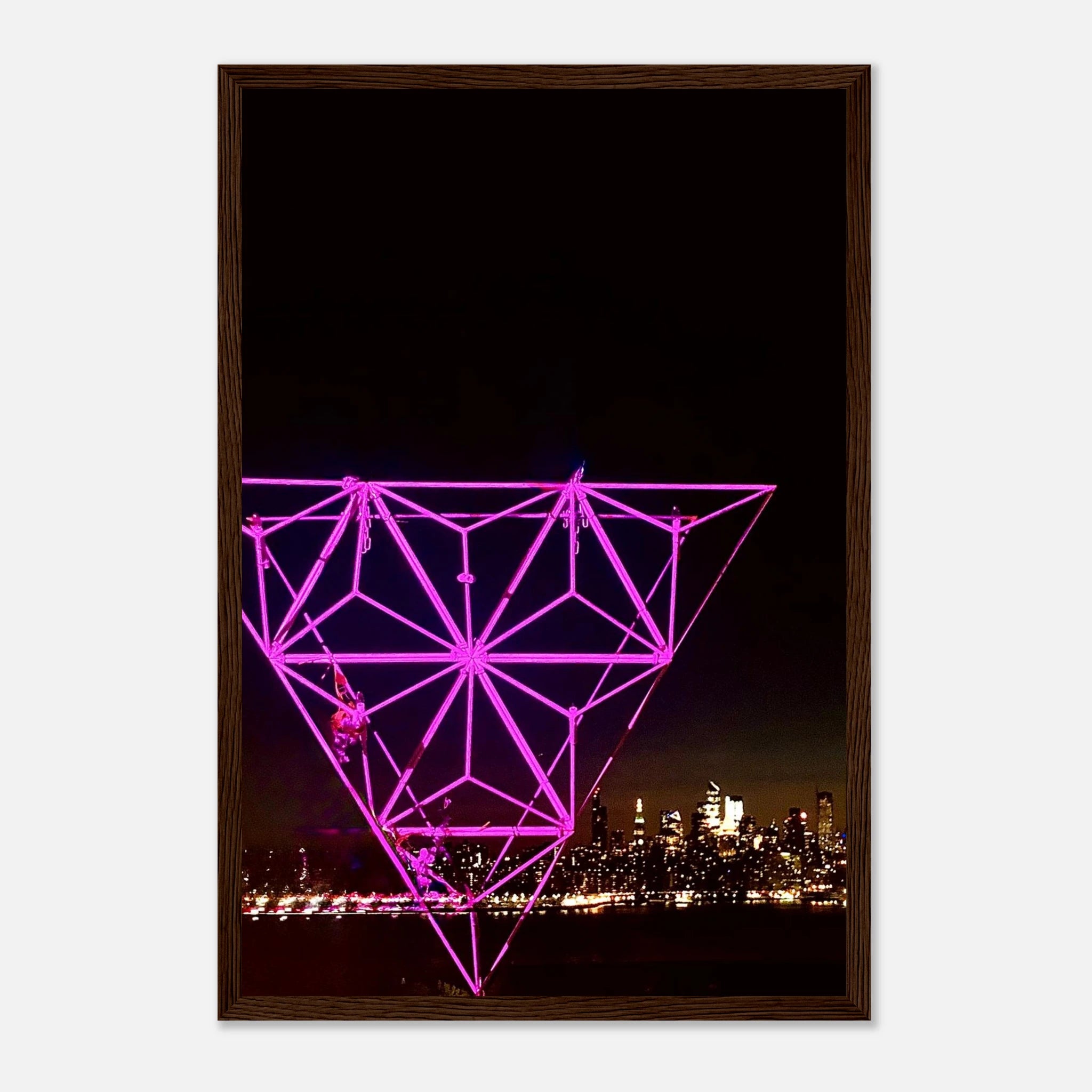 Framed print of New York City holiday art installation showing Manhattan night view with Empire State Building, part of travel collection.