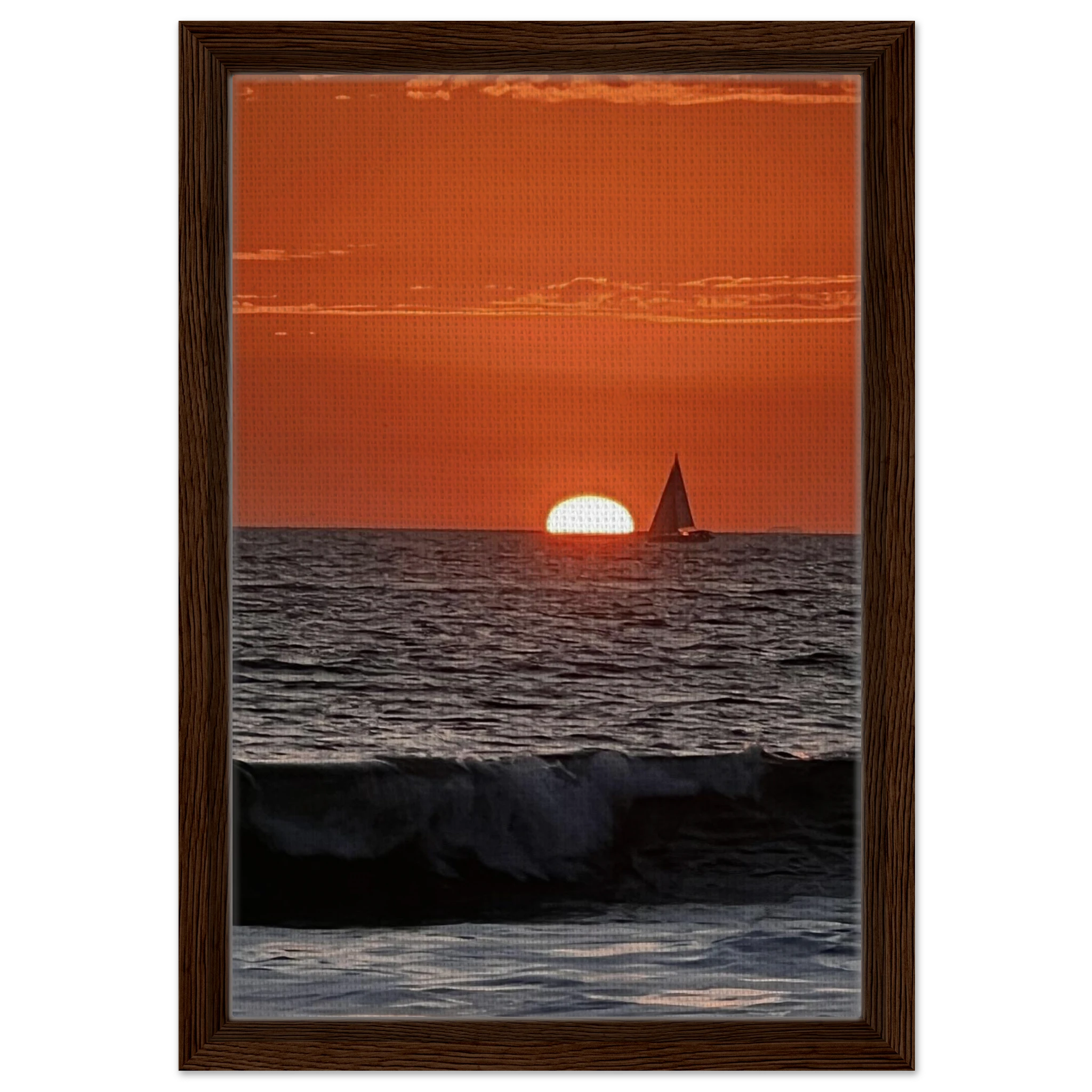 Wooden framed canvas print of California Red Sunset Series 4/4 by CaliCuration, showcasing vibrant red sunset hues in a studio edition.