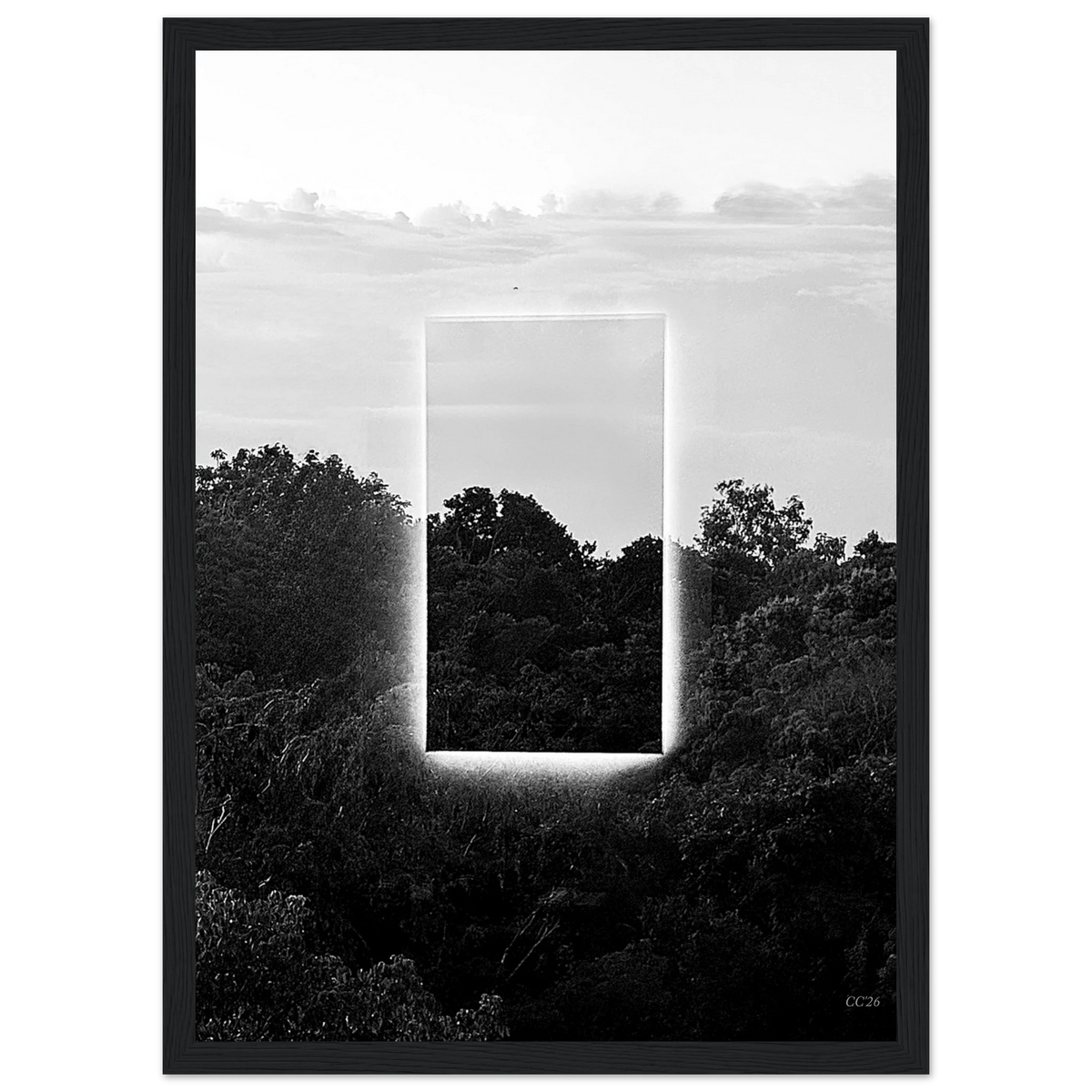 Black and white print titled "A Window into Jungle Stillness" by CaliCuration, featuring a serene jungle scene.