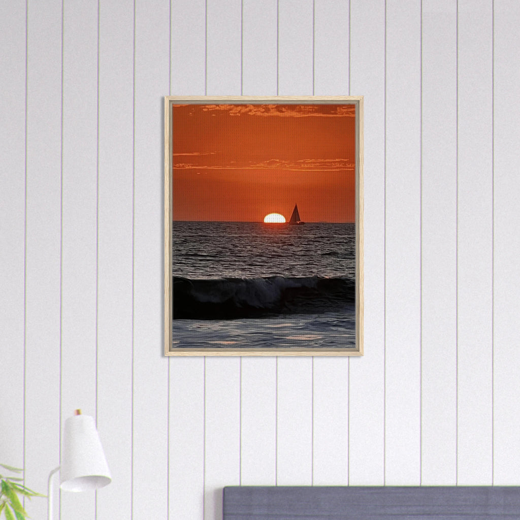 Wooden framed canvas print of California Red Sunset Series 4/4 with vibrant red hues by CaliCuration, studio edition artwork.