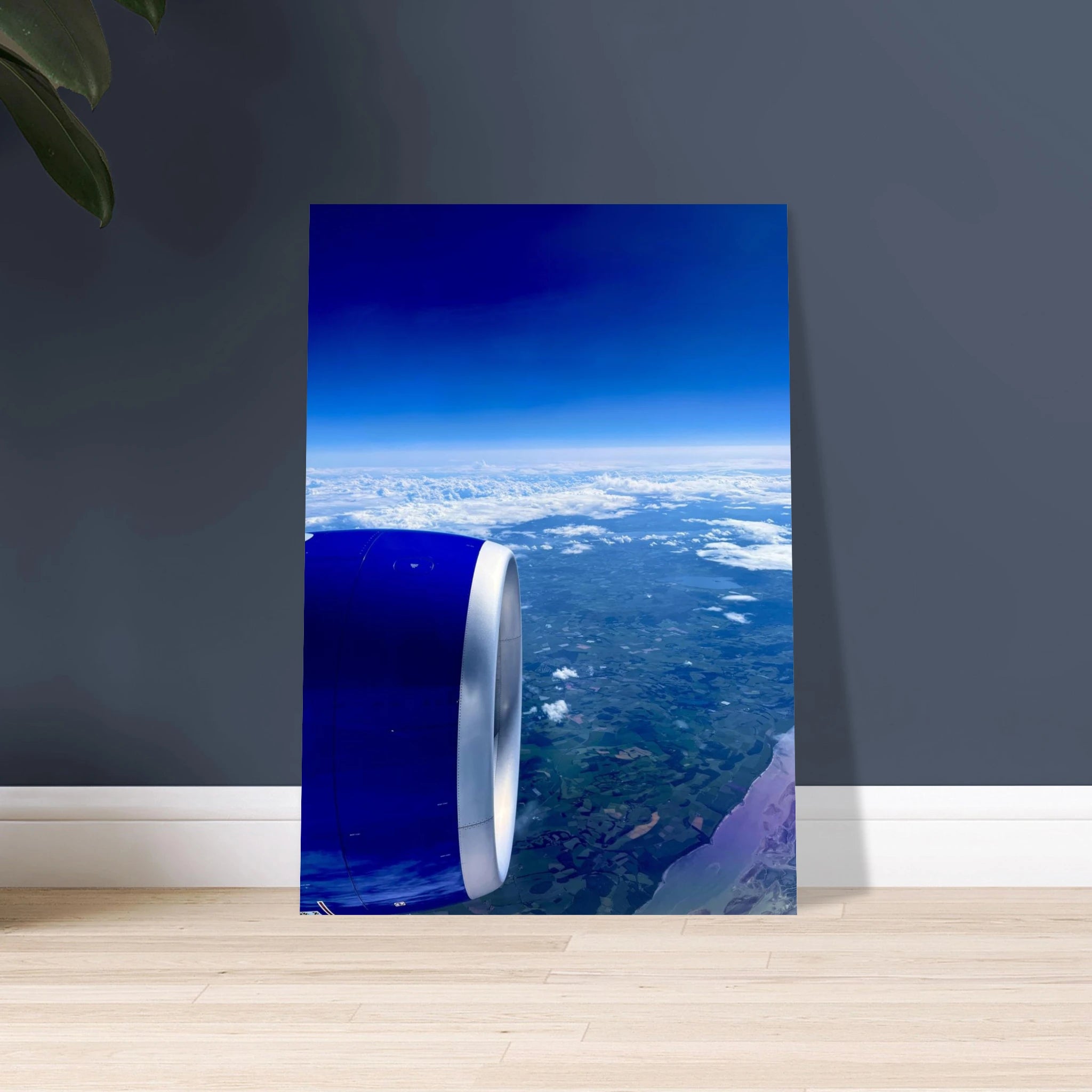 Aluminum print of a cross-Atlantic airplane turbine view from the Travel Collection, showcasing detailed aircraft engine artwork.