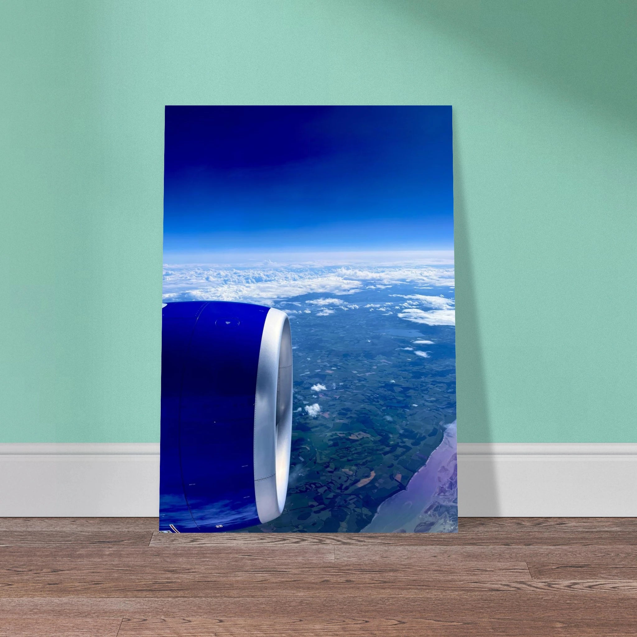 Aluminum print of a cross-Atlantic airplane turbine view from the My Store travel collection, featuring detailed aircraft engine imagery.