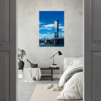 Framed NYC Manhattan Bridge and East River urban photography print, showcasing iconic New York City skyline and bridge views.
