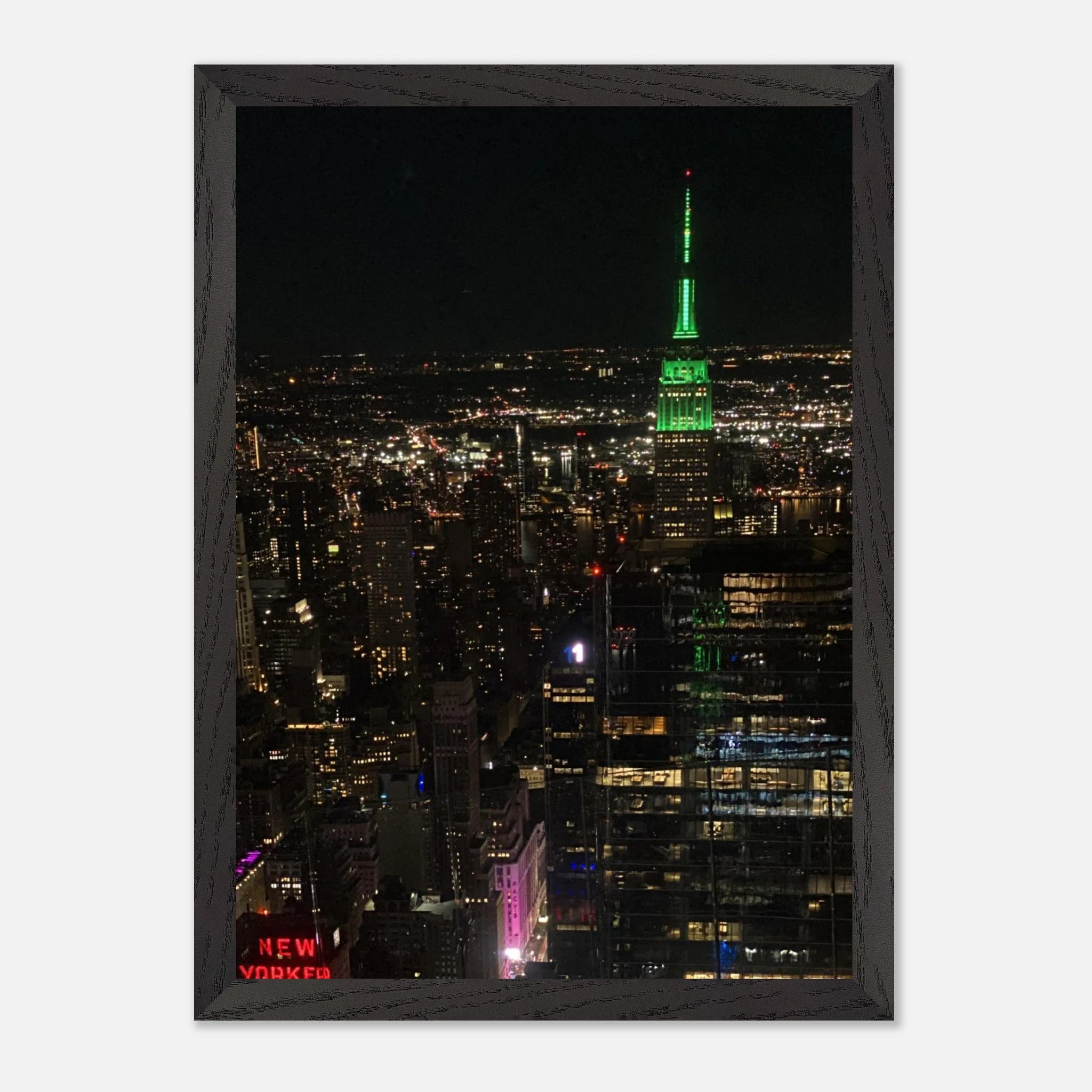 Wood-mounted framed poster of NYC downtown night view featuring the Empire State Building, part of the Travel Collection by My Store.