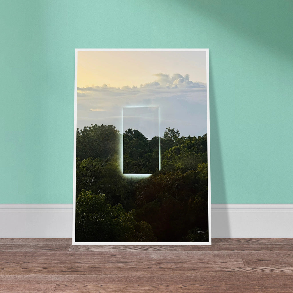 Color print of "A Window into Jungle Stillness" by CaliCuration, showcasing a tranquil jungle scene with lush greenery.