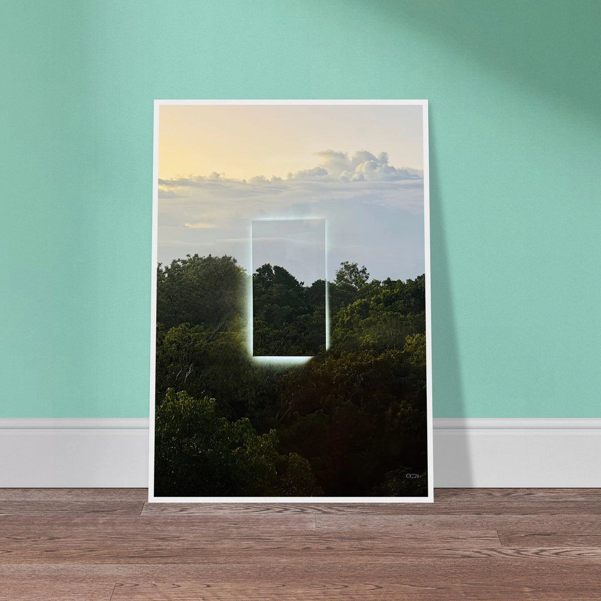 Color print of "A Window into Jungle Stillness" by CaliCuration, showcasing a tranquil jungle scene with lush greenery.