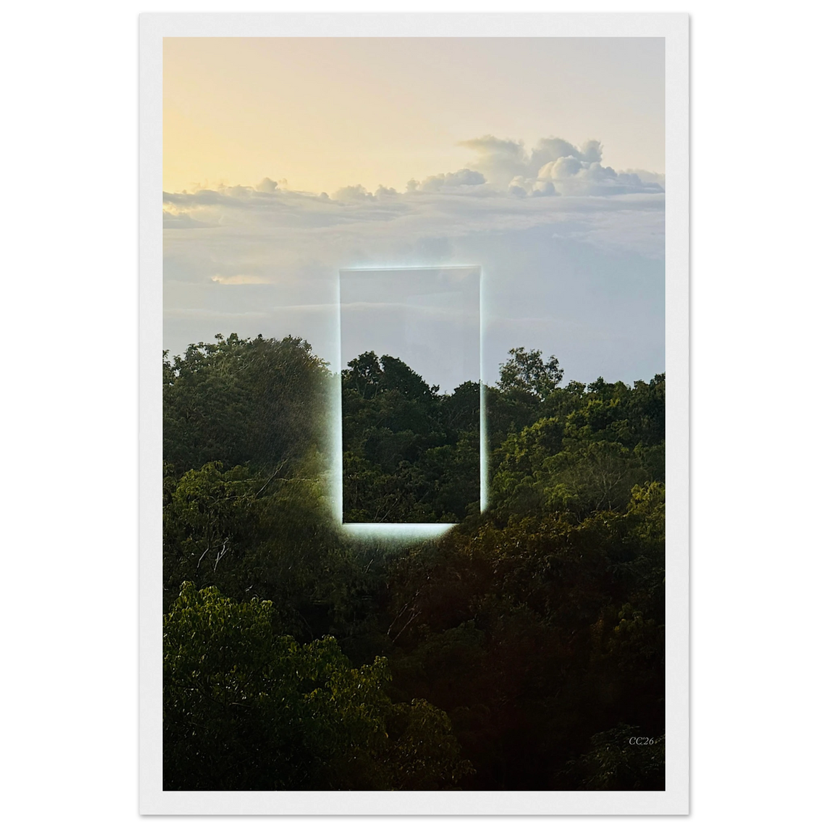 Color print of "A Window into Jungle Stillness" by CaliCuration, showcasing lush jungle scenery in vibrant hues.