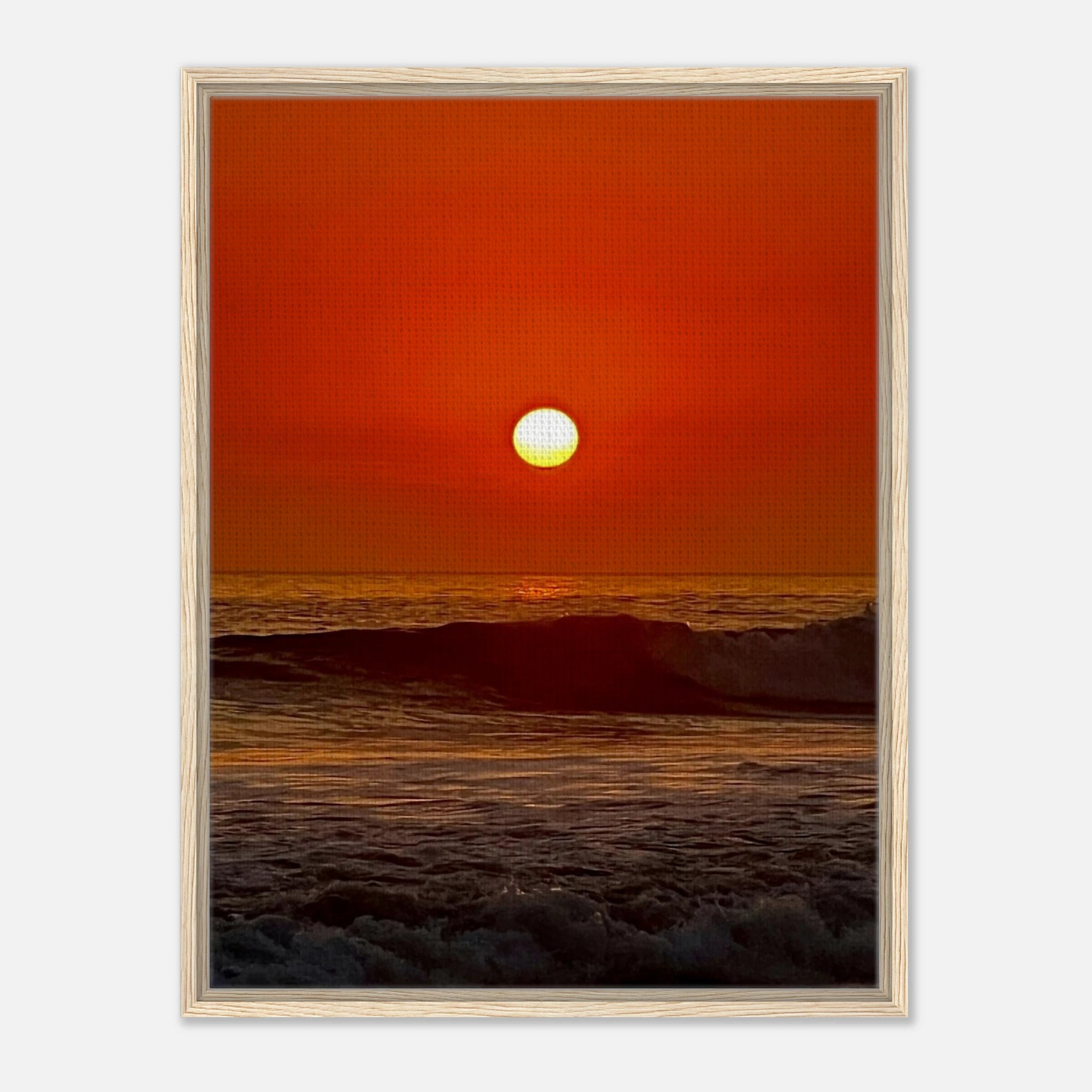 Framed canvas print of California Red Sunset Series 3/3 showcasing vibrant red hues and artistic studio edition by CaliCuration.