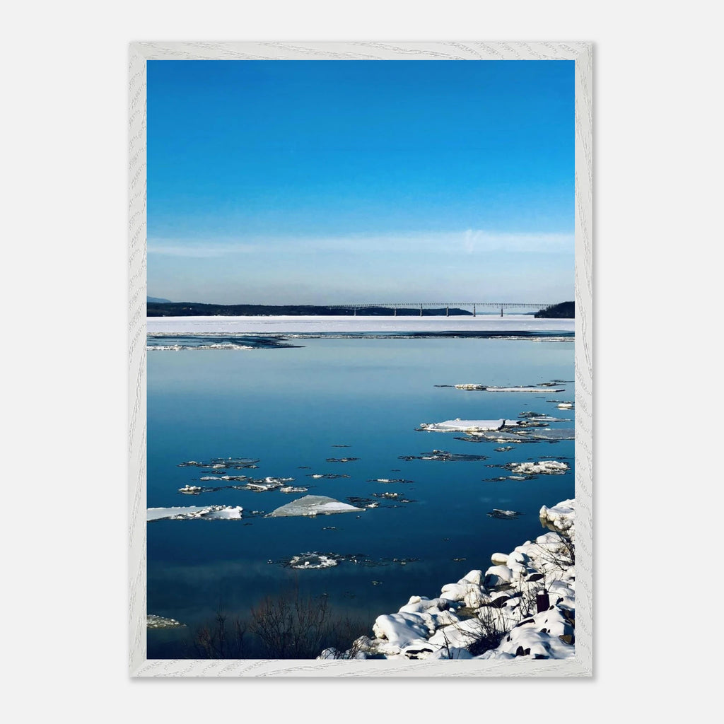 Wooden framed Hudson Valley winter poster print with snowy landscape, part of the Studio Edition Travel Collection.