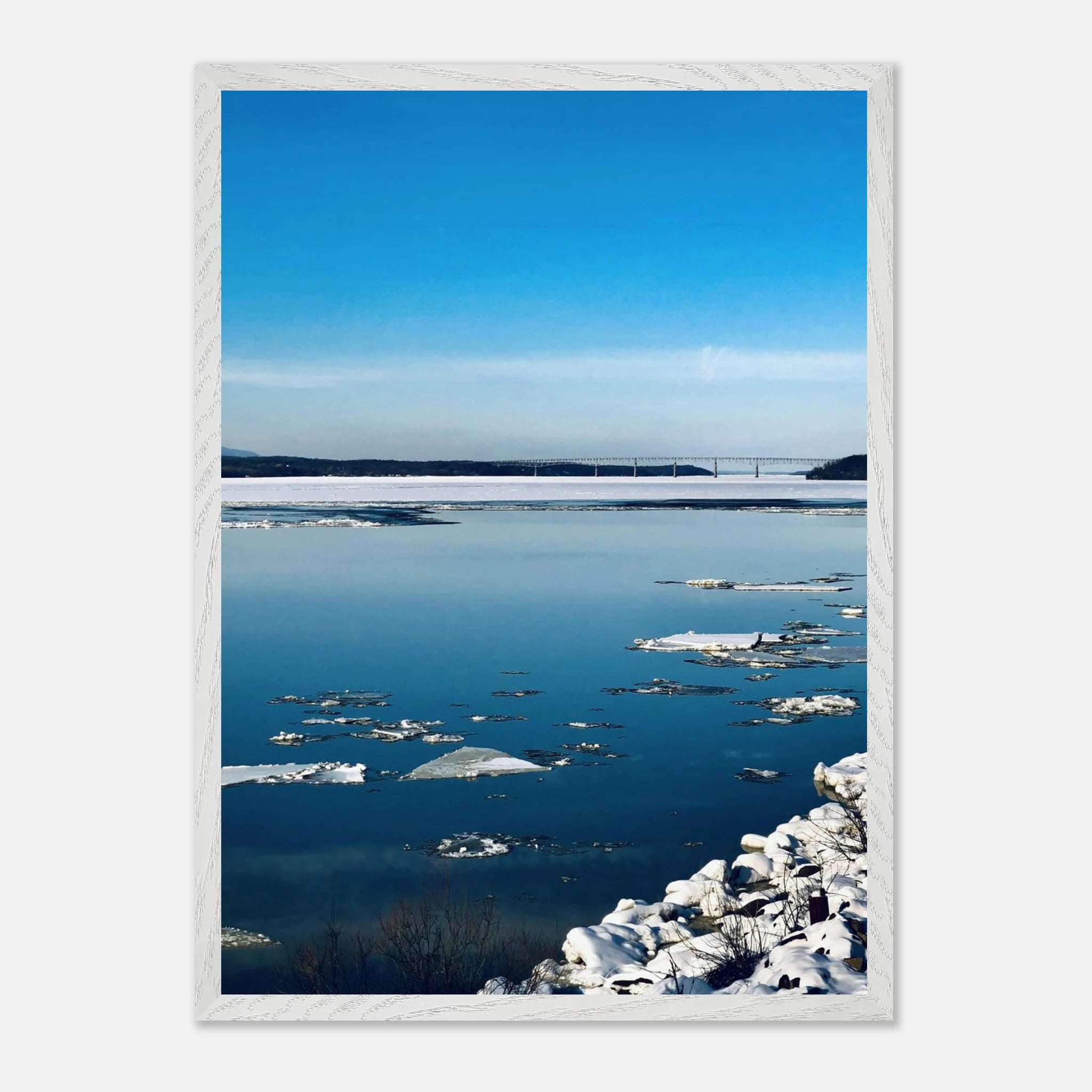 Wooden framed Hudson Valley winter poster print with snowy landscape, part of the Studio Edition Travel Collection.
