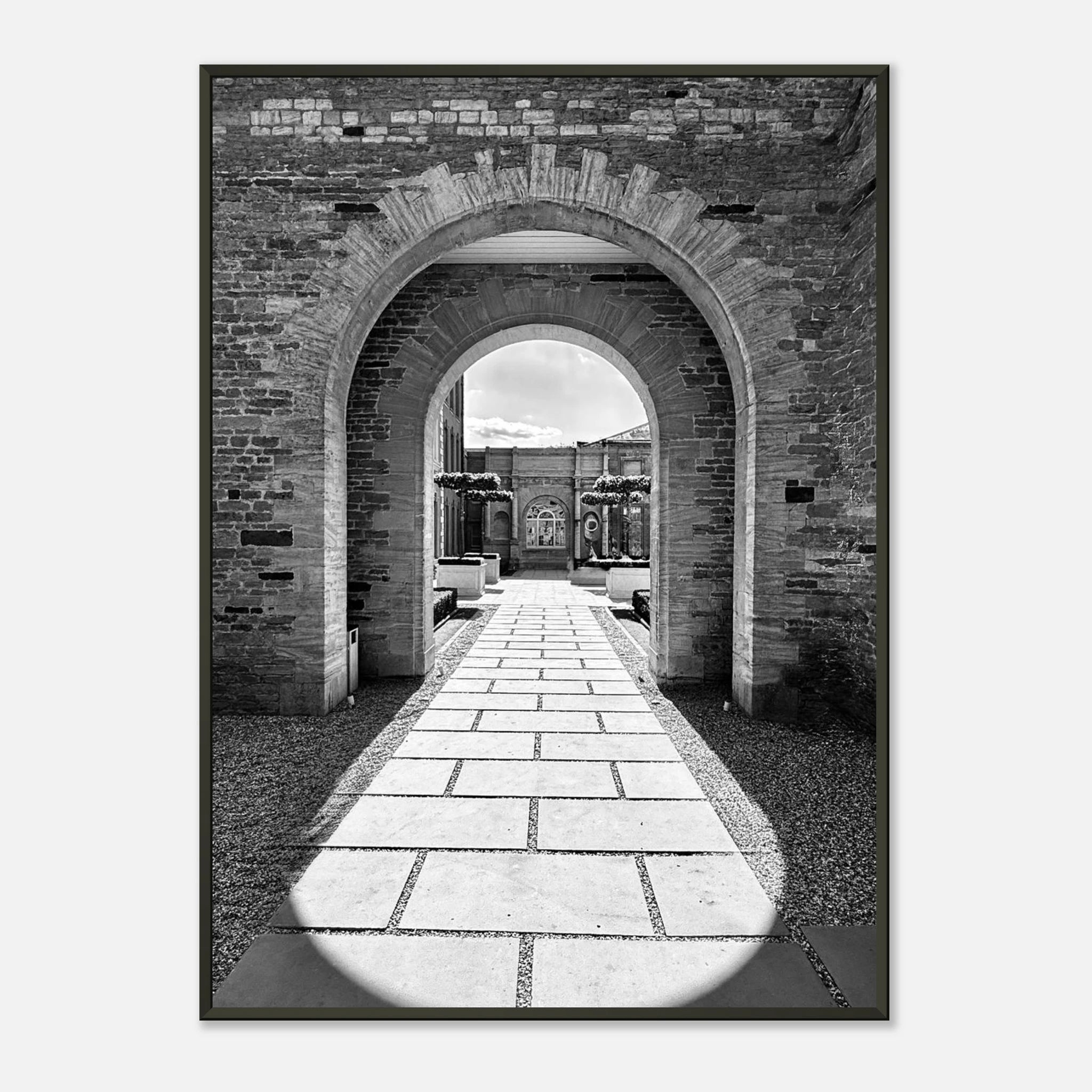Black and white Cotswolds Estate aluminum framed poster featuring summer light and shadows, part of the Studio Edition travel art collection.