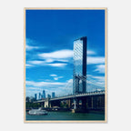 Framed NYC Manhattan Bridge and East River urban photography print, showcasing iconic New York City skyline and bridge details.