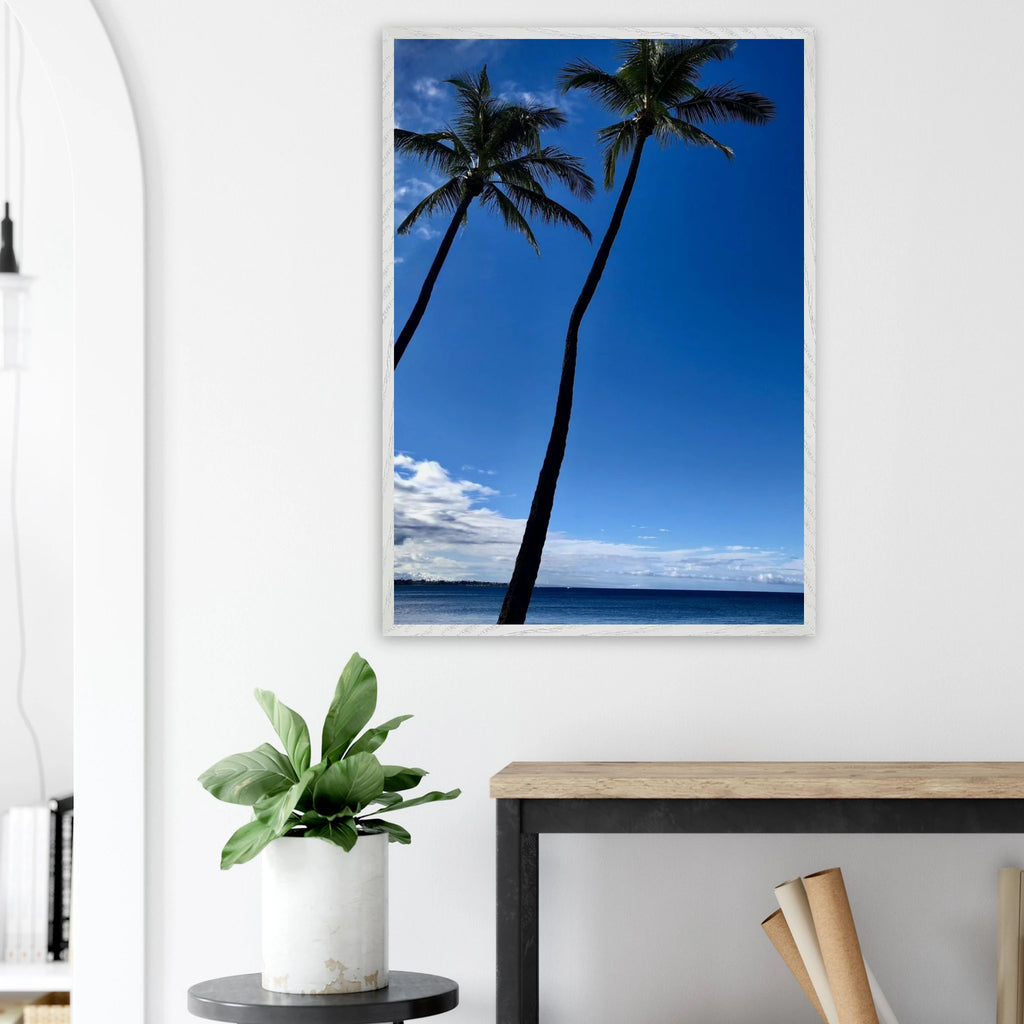 Framed print of Hawaii iconic palm trees and Pacific waves, travel collection studio edition by CaliCuration, vibrant wall art.