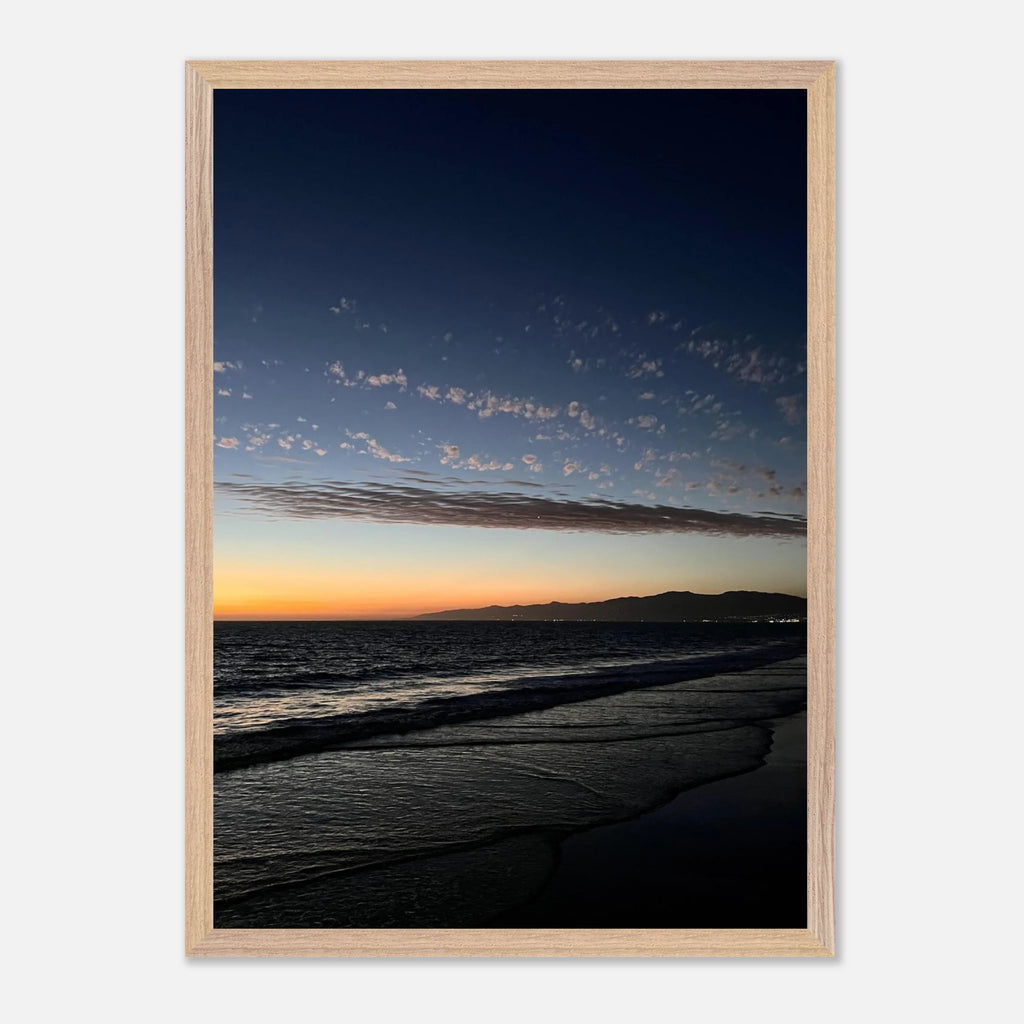 Premium wooden framed poster of a vibrant SoCal fall sunset, showcasing colorful California landscape art for home decor.