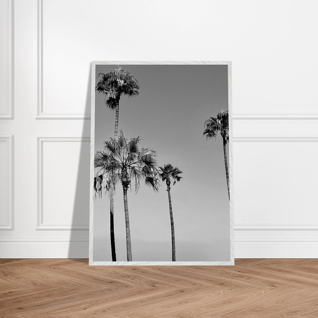 Premium wooden framed black and white California beach icons poster art in semi-gloss finish, Studio Edition.
