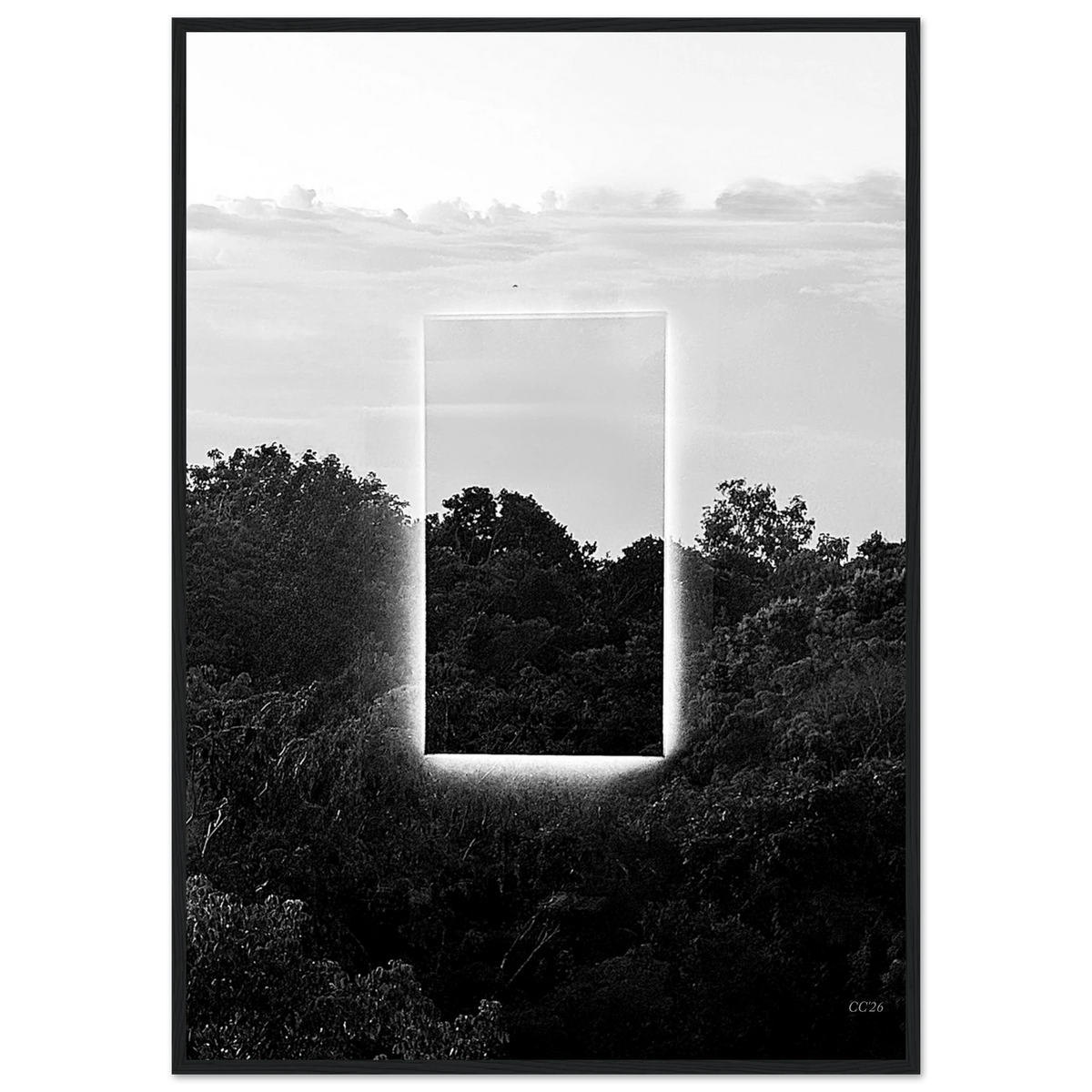 Black and white print titled "A Window into Jungle Stillness" by CaliCuration, showcasing a tranquil jungle scene.