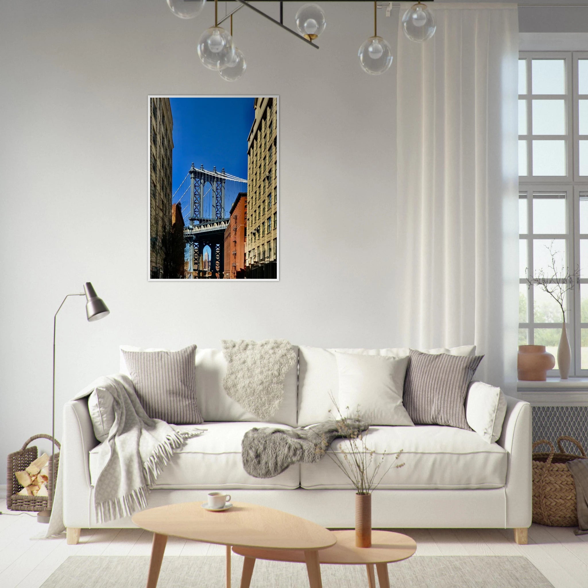 NYC Dumbo skyline wooden framed print by CaliCuration, featuring spring day cityscape wall art from the Travel Collection.