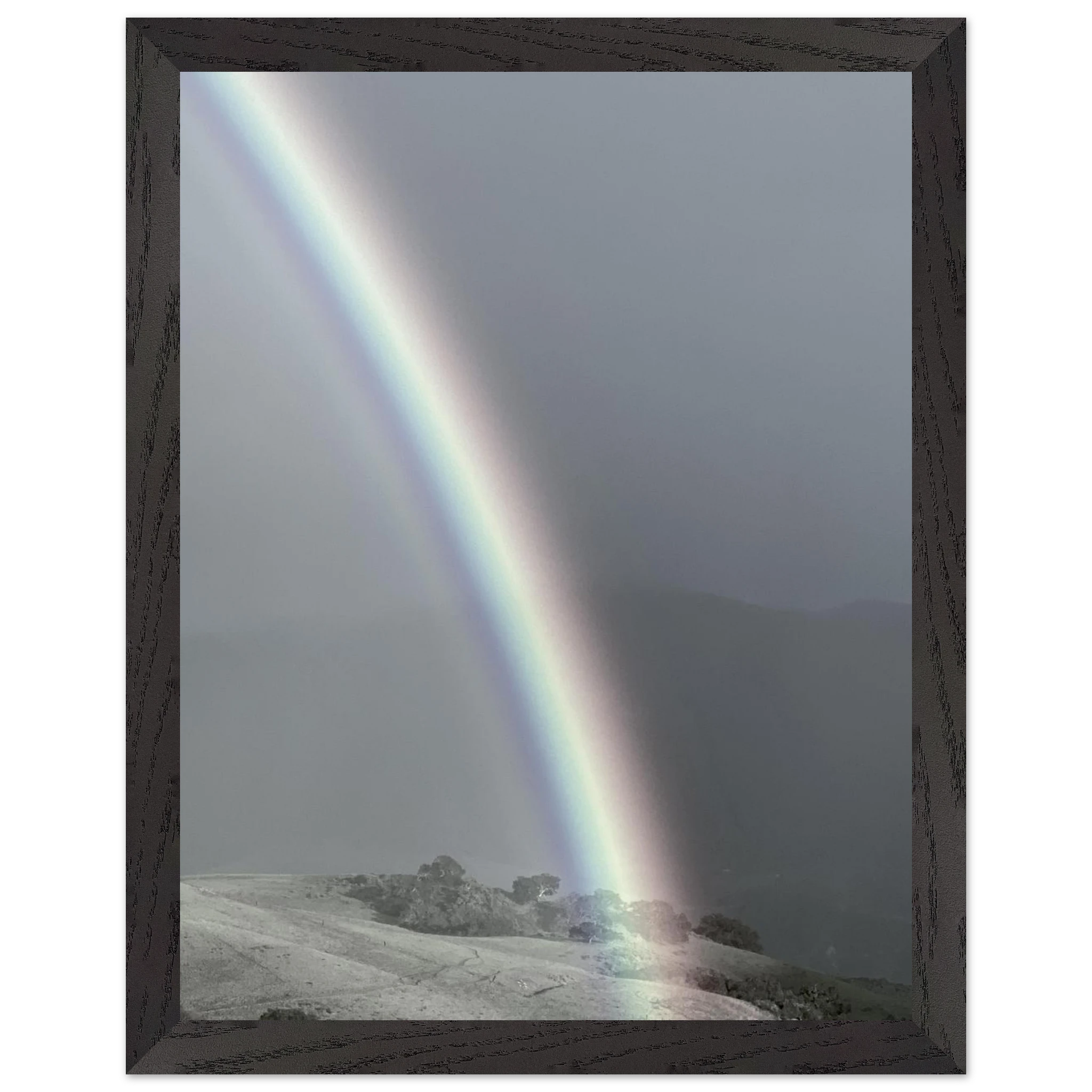 Black and white mounted framed poster of a rainbow after summer storm from the California Central Coast travel collection, studio edition.
