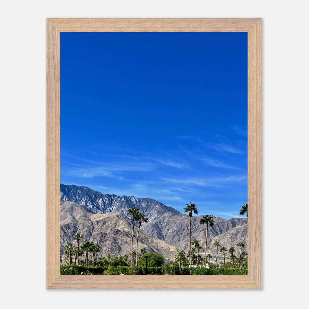 Premium wooden framed poster of a sunny fall day in Palm Springs California, featuring vibrant autumn colors and scenic landscape art.