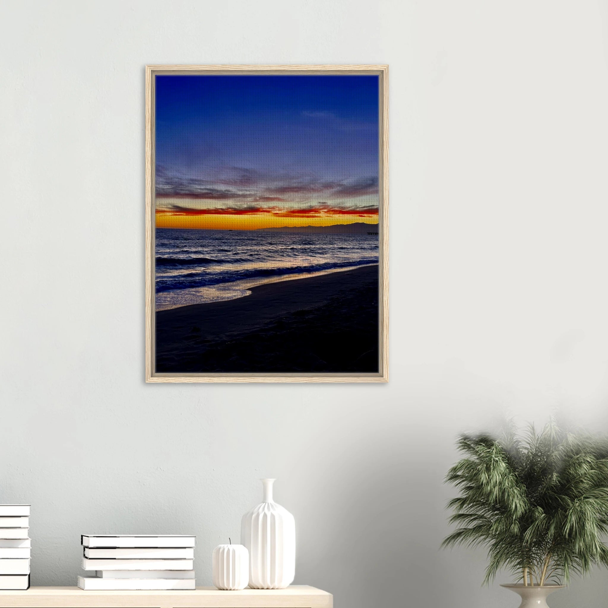 California Sunset Wall Art print by CaliCuration featuring Venice Beach scene on a wooden framed canvas, spring 2026 studio edition.