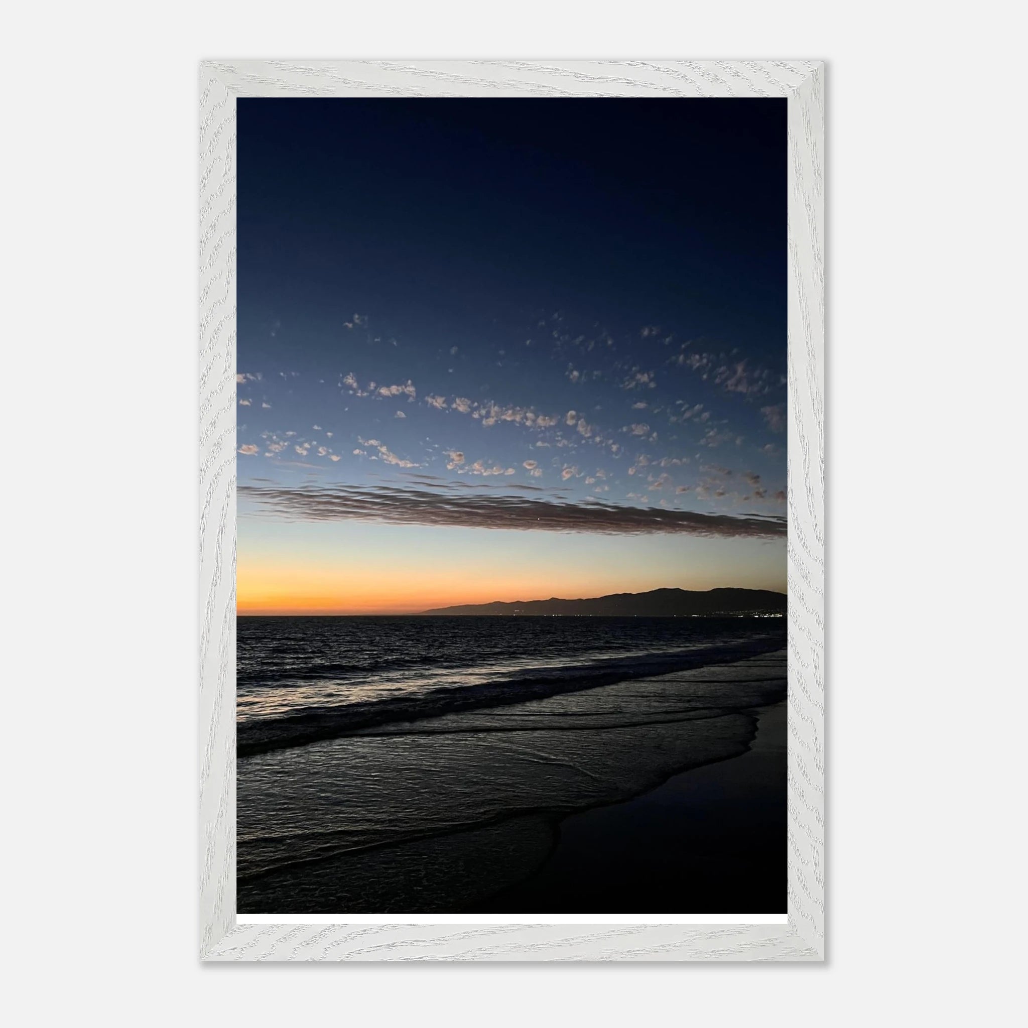Premium wooden framed poster of a vibrant SoCal fall sunset, mounted and ready for home decor, showcasing California holiday artwork.