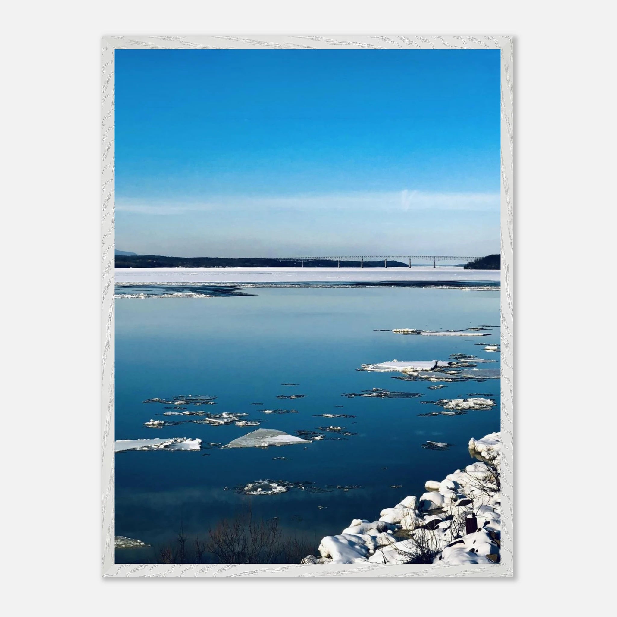 Wooden framed Hudson Valley winter poster print by My Store, featuring snowy landscape for holiday decor.