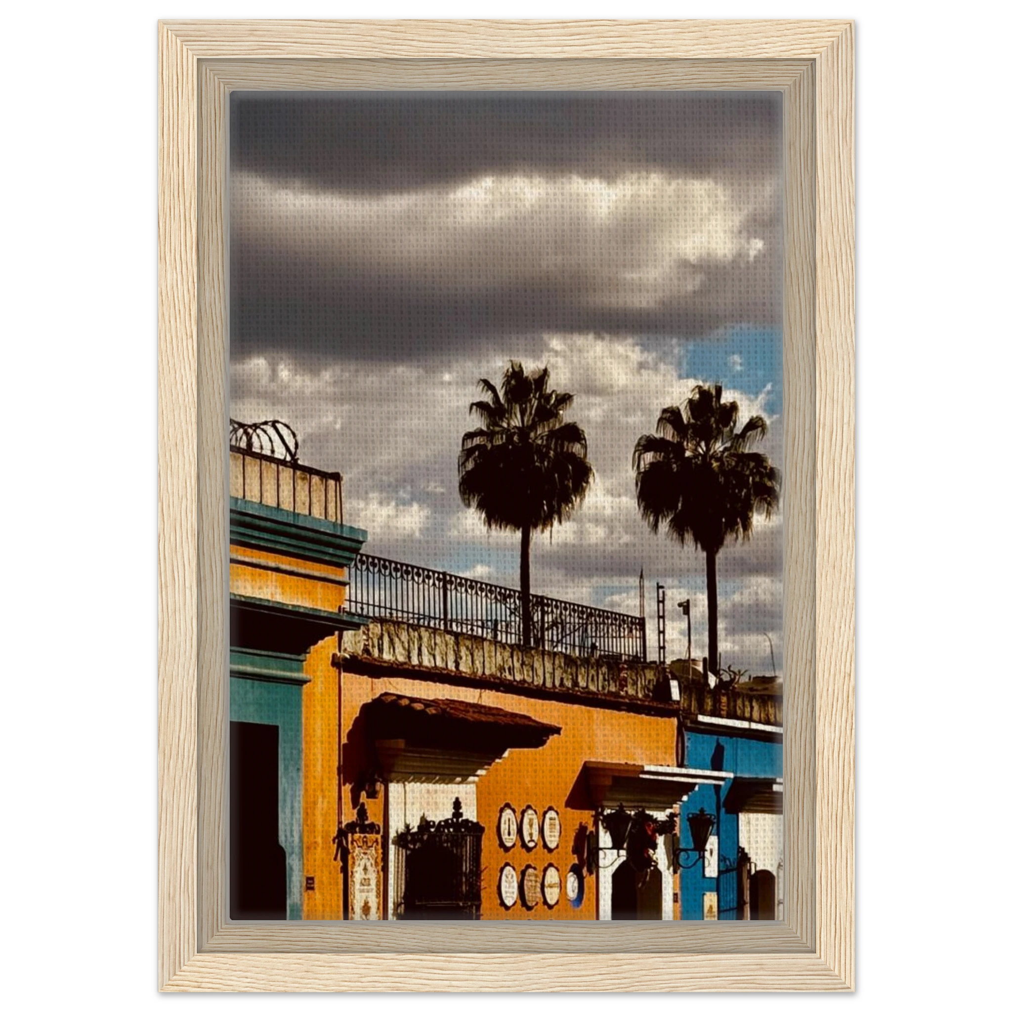 Framed canvas print of two palm trees in Oaxaca, Mexico, from CaliCuration's travel collection, studio edition, Spring 2026.