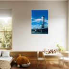 Framed NYC Manhattan Bridge and East River urban photography print, showcasing iconic New York City skyline and bridge details.