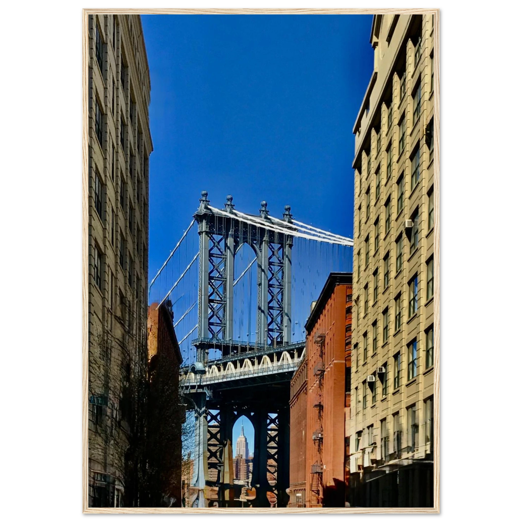 Wooden framed print of NYC Dumbo skyline with spring day scenery, from CaliCuration's travel collection wall art.