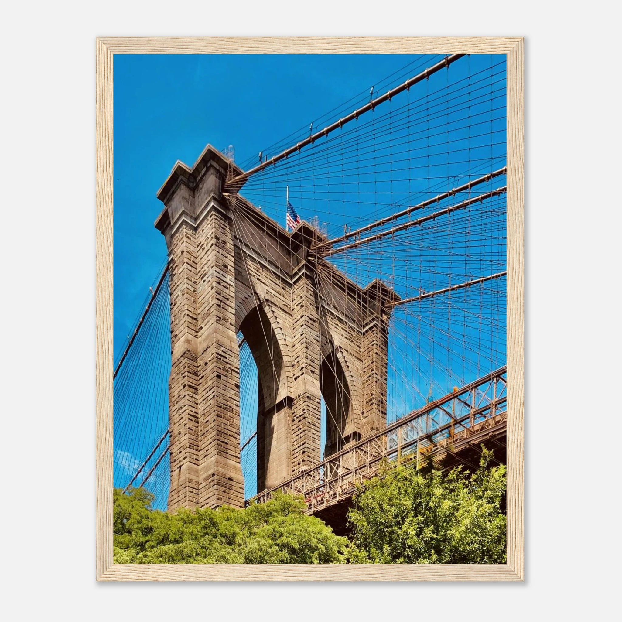Framed NYC Brooklyn Bridge poster featuring a Dumbo view, showcasing New York City skyline in vibrant colors.