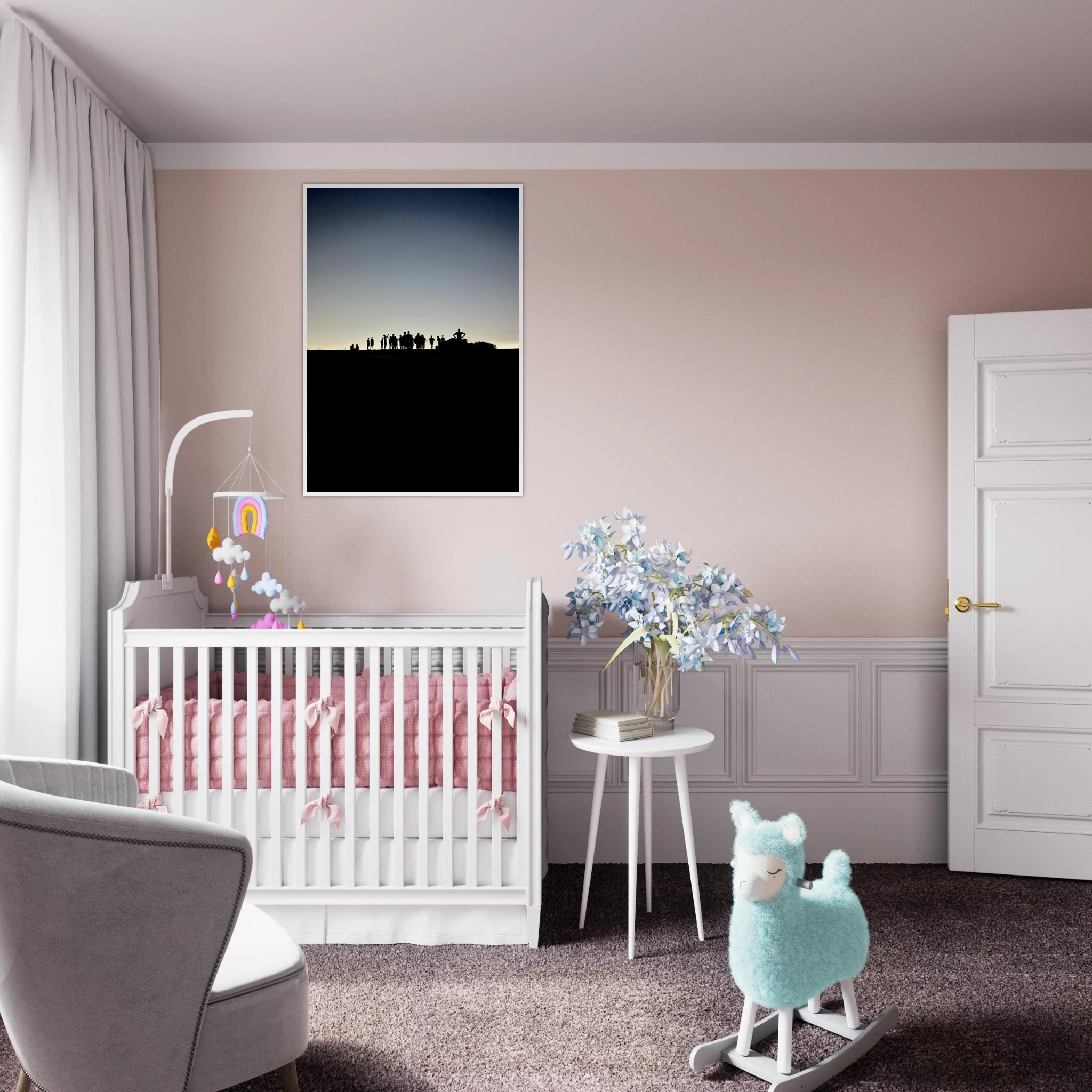 Black and white framed poster of Hollywood Hills with city lights, California art print from the Summer Hike series.